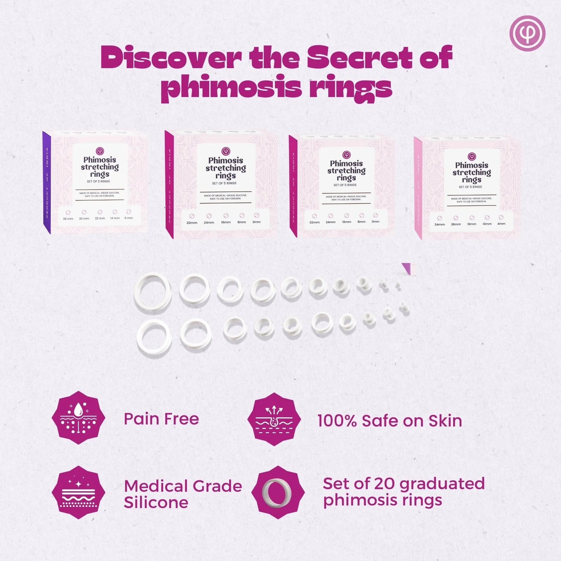 Zestaw Phimosis Pro z 20 x pierścieni Phimosis, 1 x kremem do Phimosis, 1 x olejkiem do Phimosis, 1 x arkuszem śledzenia, 1 x broszurą "Jak używać" | Zestaw domowy do Phimosis | Sprawdzone efekty |