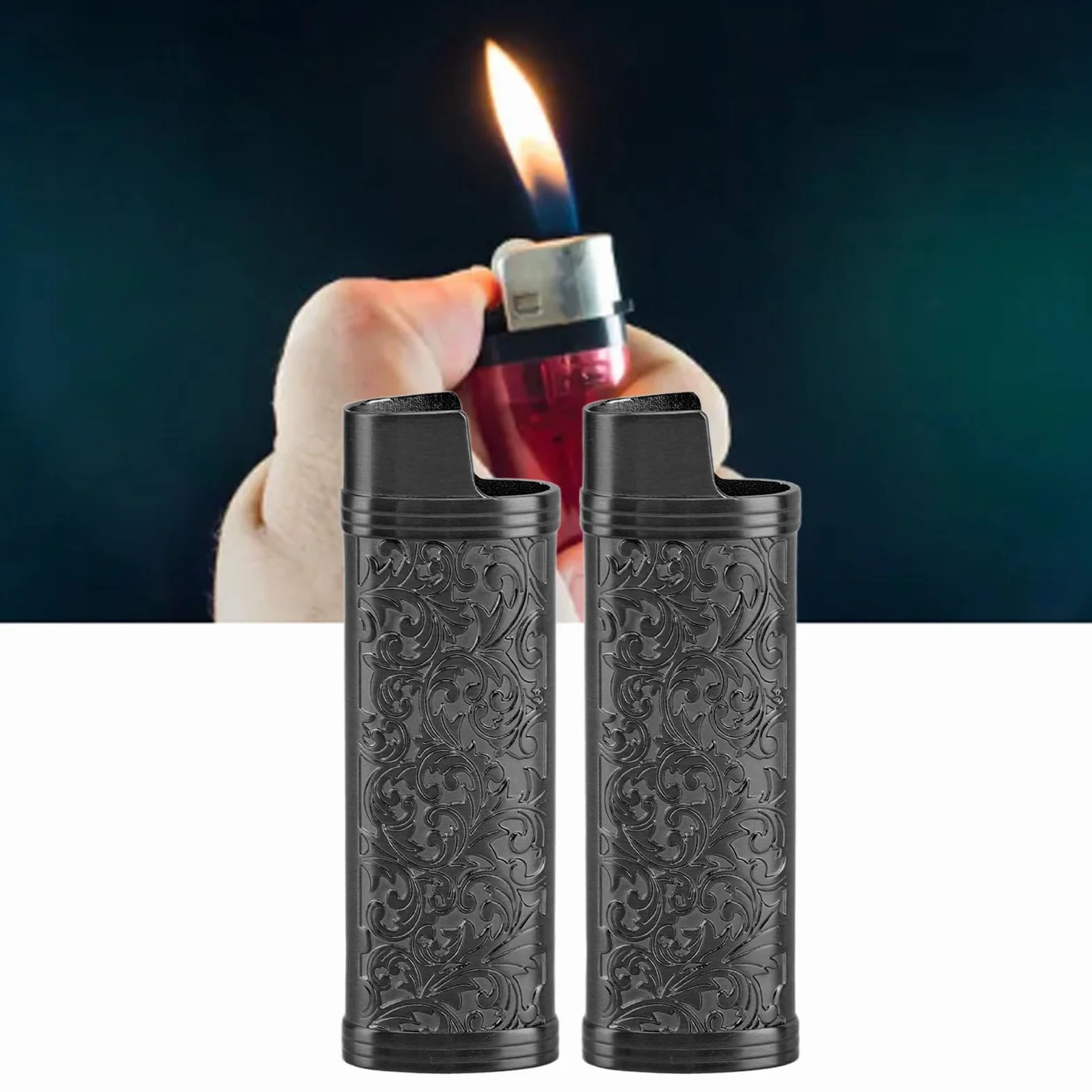 Metalowy Pokrowiec na zapalniczkę, Etui na zapalniczkę z Wytłoczonym Motywem Kwiatowym w Stylu Vintage, Konstrukcja ze Stopu Cynku Zapewniająca lżejszą ochronę (BLACK)
