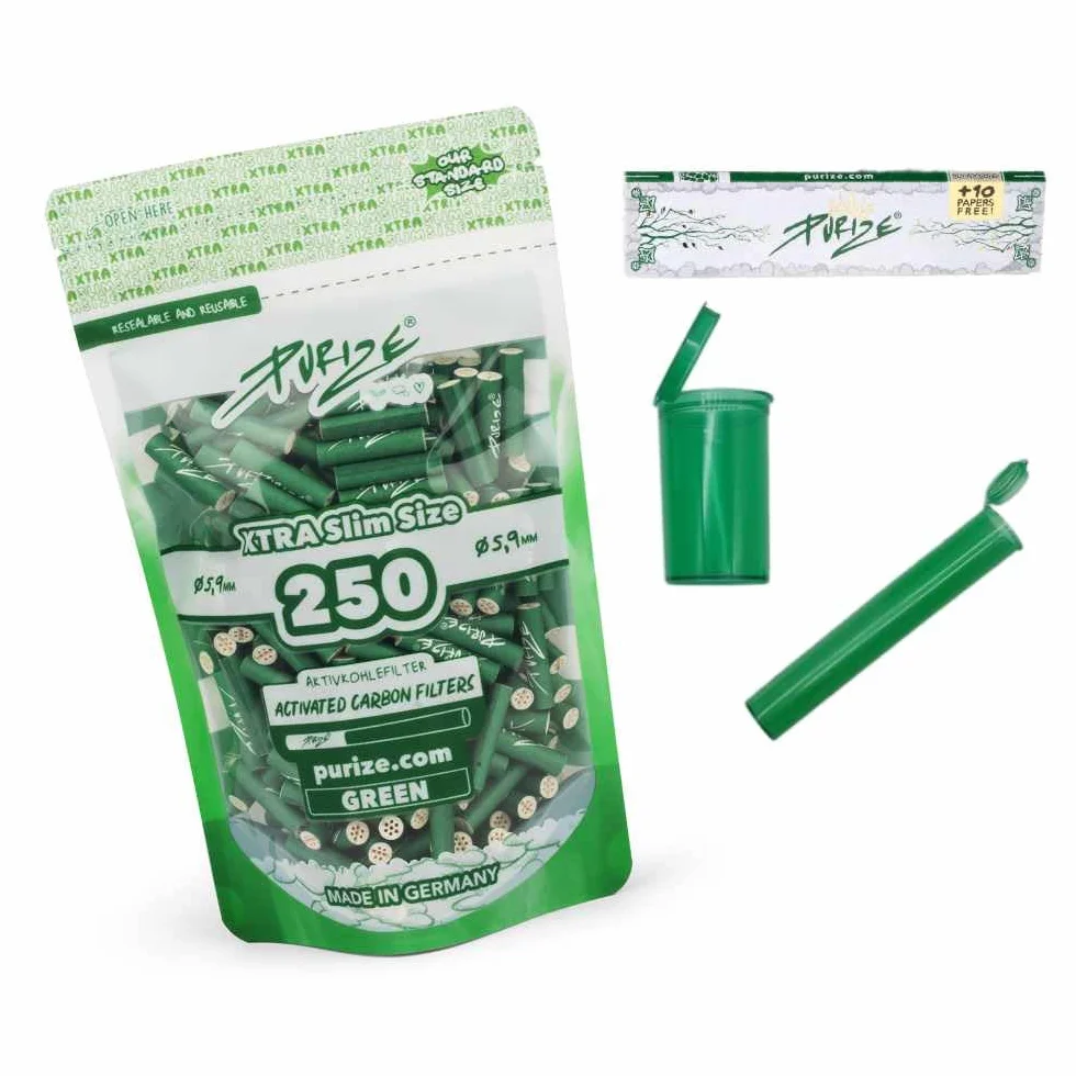 PURIZE 250 sztuk filtrów z węglem aktywnym Xtra Slim Size 6 mm z 2 ceramicznymi nakładkami, zestaw joint tube, puszeczki Popup, papier i naklejki zielone