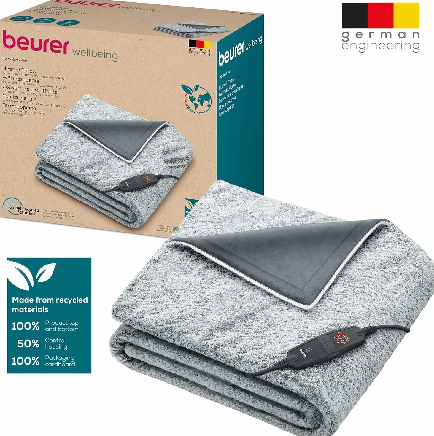 Beurer HD 75 Nordic Grey koc rozgrzewający 180 x 130 cm 6 ustawień temperatury automatyczne wyłączanie