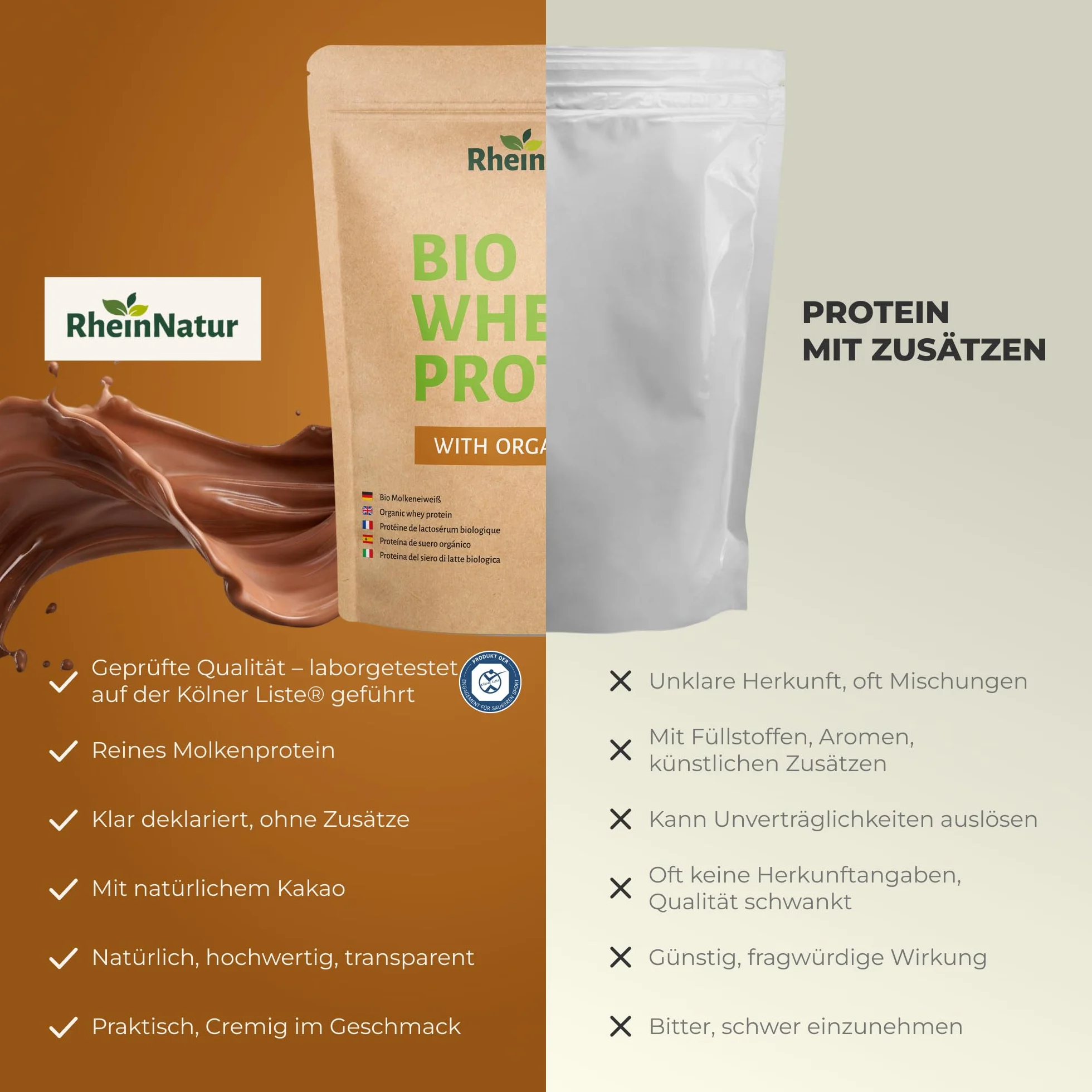 RheinNatur Bio Whey Protein Kakao 900 g - Proszek białkowy z bio-proszkiem kakaowym, 100% białko serwatki