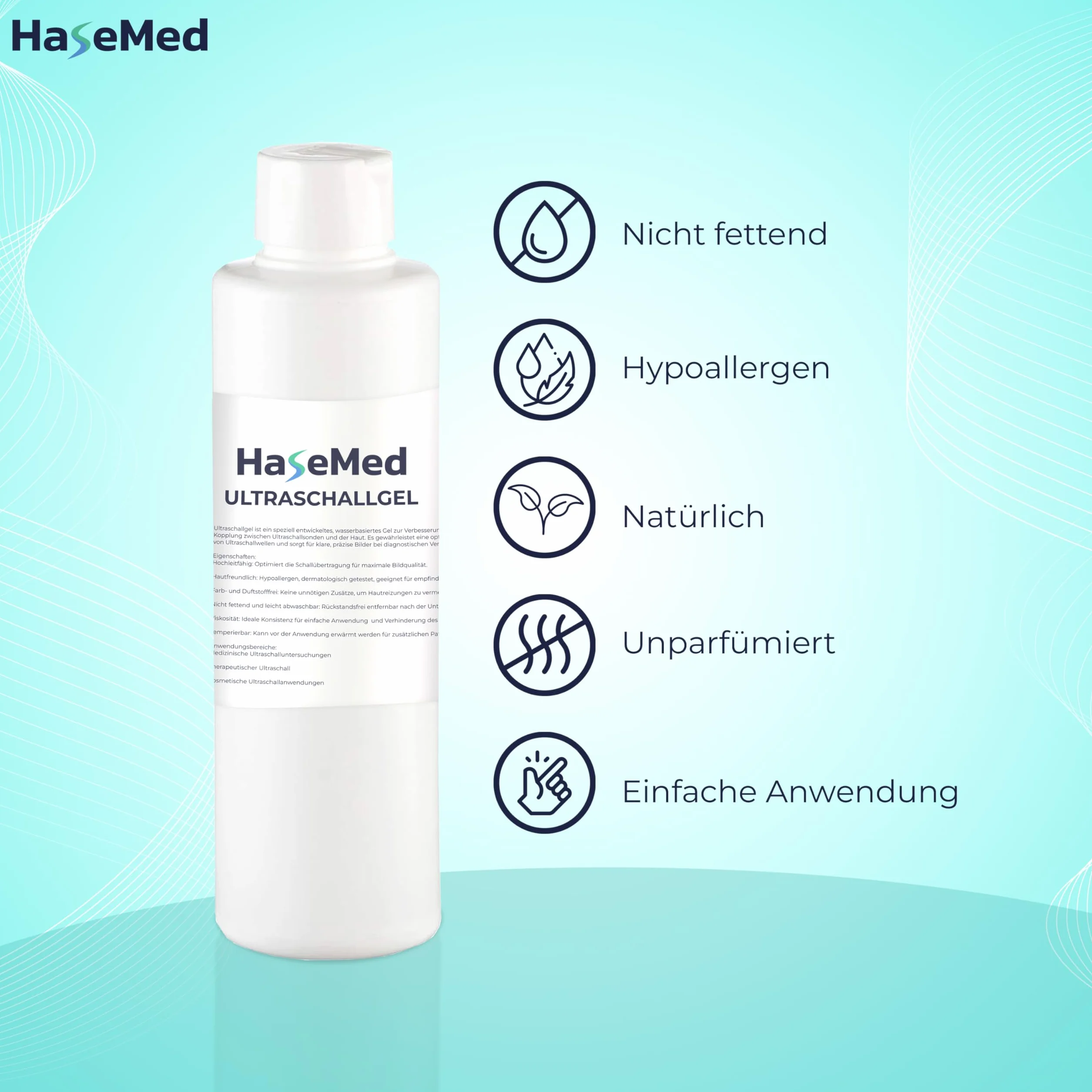 HaseMed żel ultradźwiękowy 500 ml, 1 sztuka – neutralny pH, przyjazny dla skóry i biokompatybilny żel zapewniający optymalną transmisję ultradźwięków. Idealny do badań ultrasonograficznych w praktyce