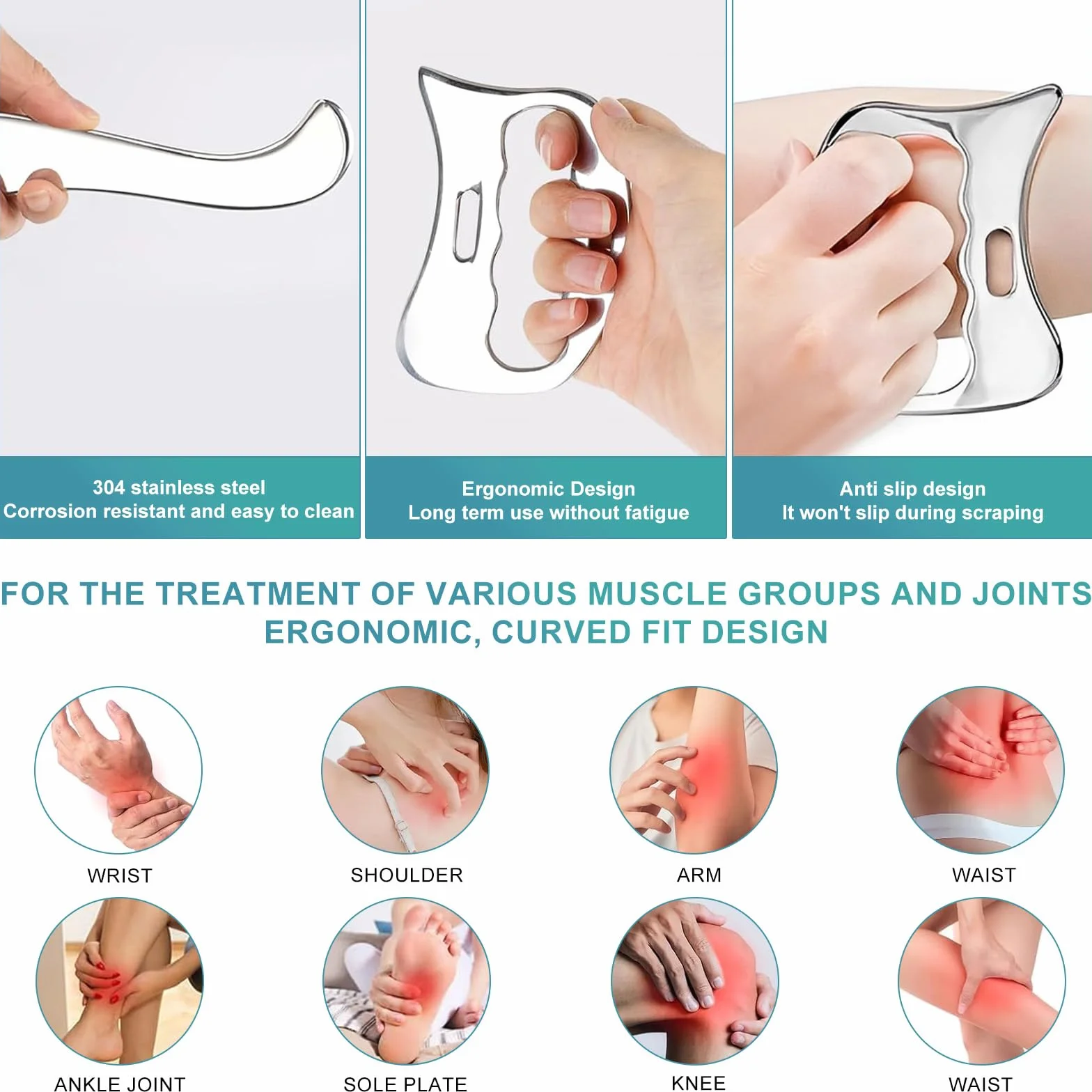 Gua Sha Stal Nierdzewna 2 w 1 - Narzędzie do Masowania Gua Sha, Zestaw do Rollowania Mięśni i Fascii, Terapia Fizyczna na Plecy, Nogi, Twarz, Relaksacja Mięśni i Uśmierzanie Bólu
