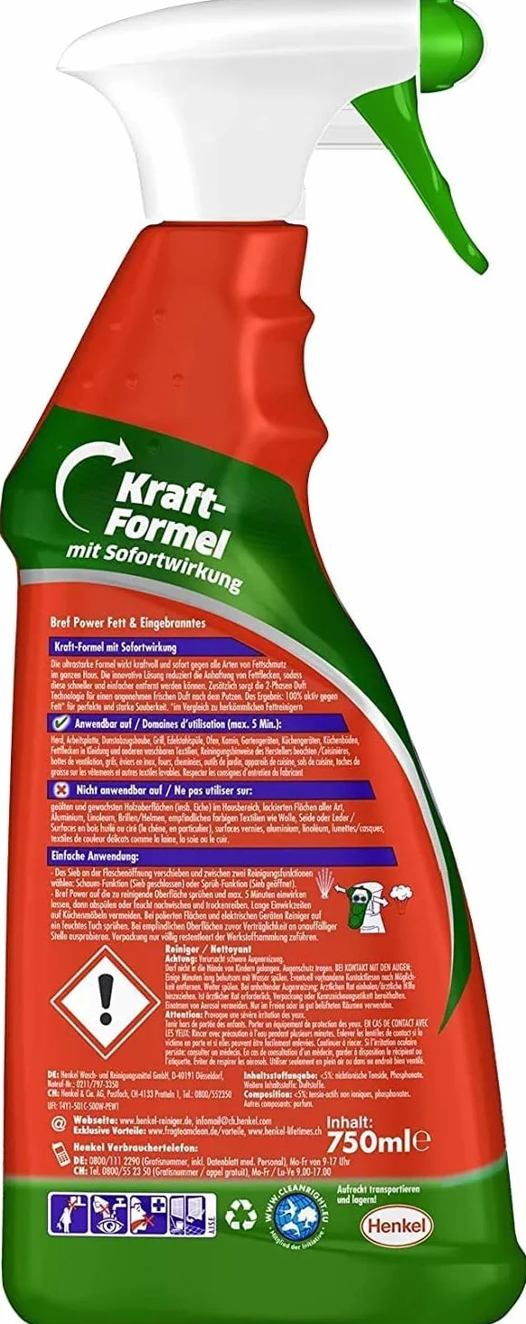 Bref Moc przeciwtłuszczowa i wypalona, butelka z rozpylaczem, do kuchni, kominka i pieca (4 opakowania 4 x 750 ml)