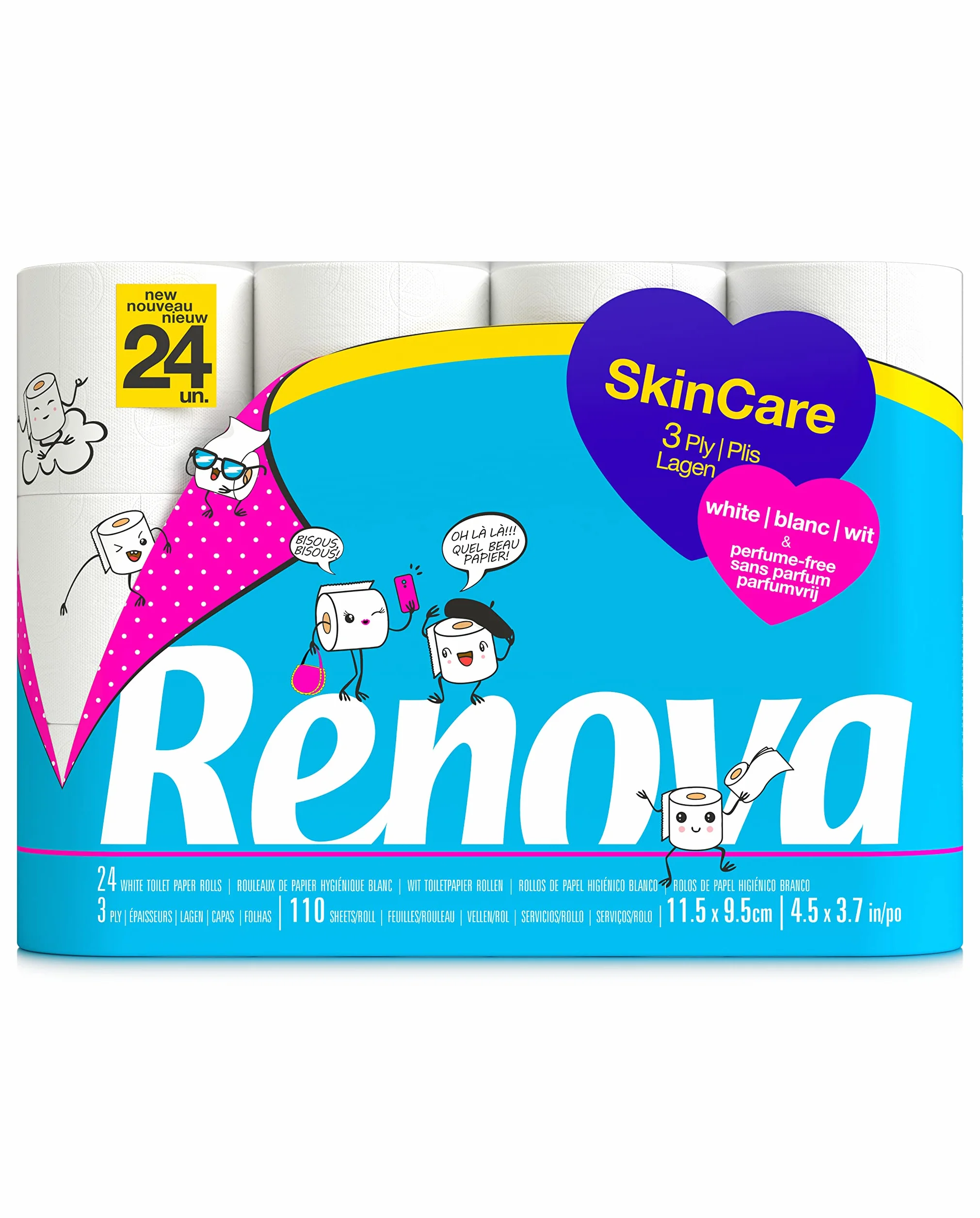 RENOVA Skincare 3-warstwowy biały papier toaletowy, 24 rolki