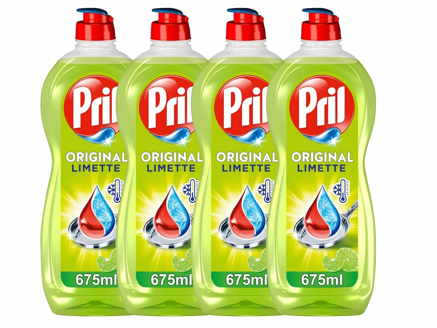 PRIL Oryginalna limonka (4 x 675 ml), płyn do ręcznego mycia naczyń o najwyższej mocy rozpuszczania tłuszczu, do czystych naczyń, również w zimnej wodzie, świeży zapach limonki