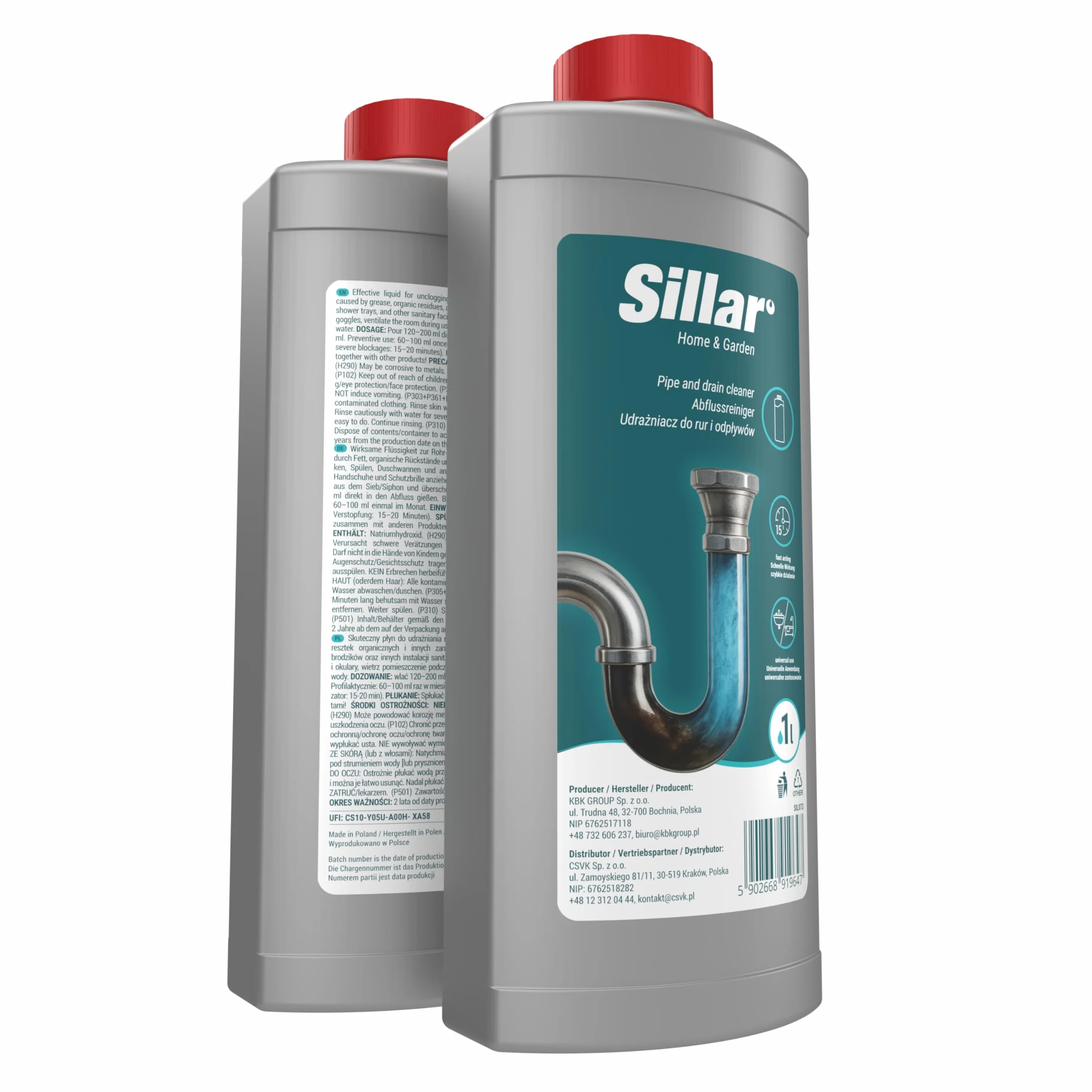 Sillar Żel do udrażniania rur 2x 1000ml EXTRA MOCNY, rozpuszcza włosy, tłuszcz i resztki – do kuchni, prysznica i WC, efekt piany