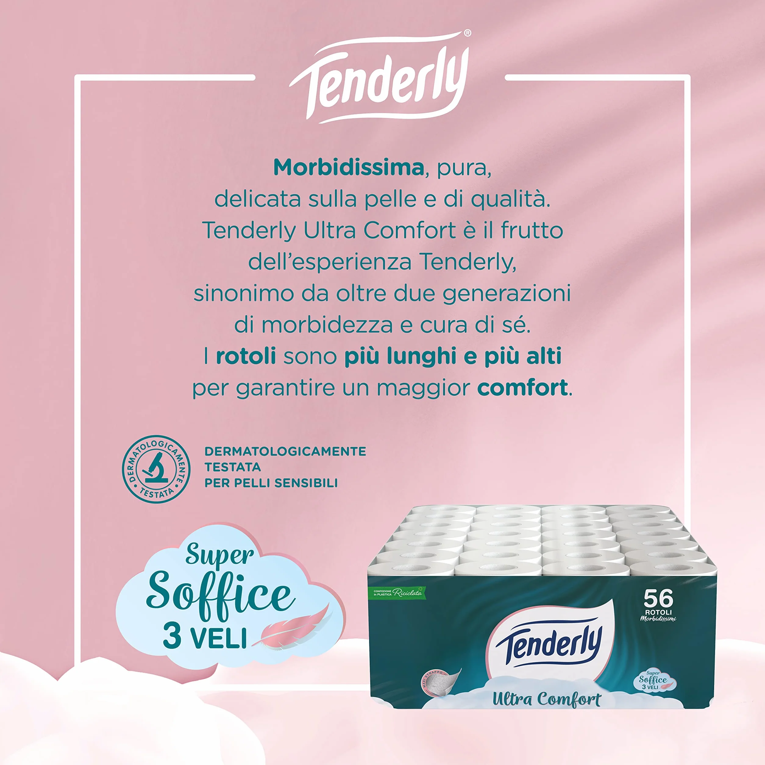 Tenderly Ultracomfort papier toaletowy 3 welony, 56 rolek papieru toaletowego bardzo miękki i czysty, sprawdzony dermatologicznie dla wrażliwej skóry, zapewnia komfort i delikatność