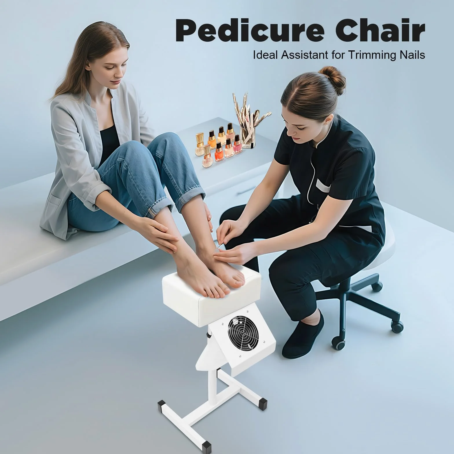 MINRS Pedicure, mobilne krzesło do pedicure, krzesło do pielęgnacji stóp z odsysaniem, regulacja wysokości, podnóżek do domu, salonu, spa, masażu, studia paznokci, biały
