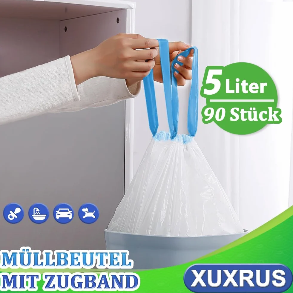 XUXRUS 5 Litrów Worki Na Śmieci Z Tasiemką Do Ściągania, 90 Sztuk Na Smieci Z Uchwytem Do Noszenia,Białe Worki Na Śmieci