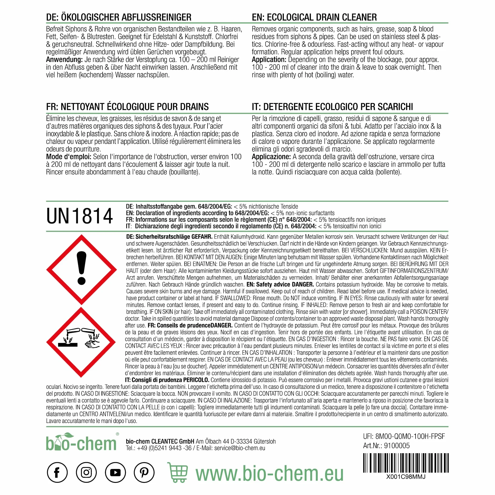 bio-chem - Odblokowanie odpływu 2 x 1L - ekspresowa formuła niezwykle skuteczna w walce z zatorami i włosami - do prysznica, wanny, szamba, umywalki, kuchni, syfonu