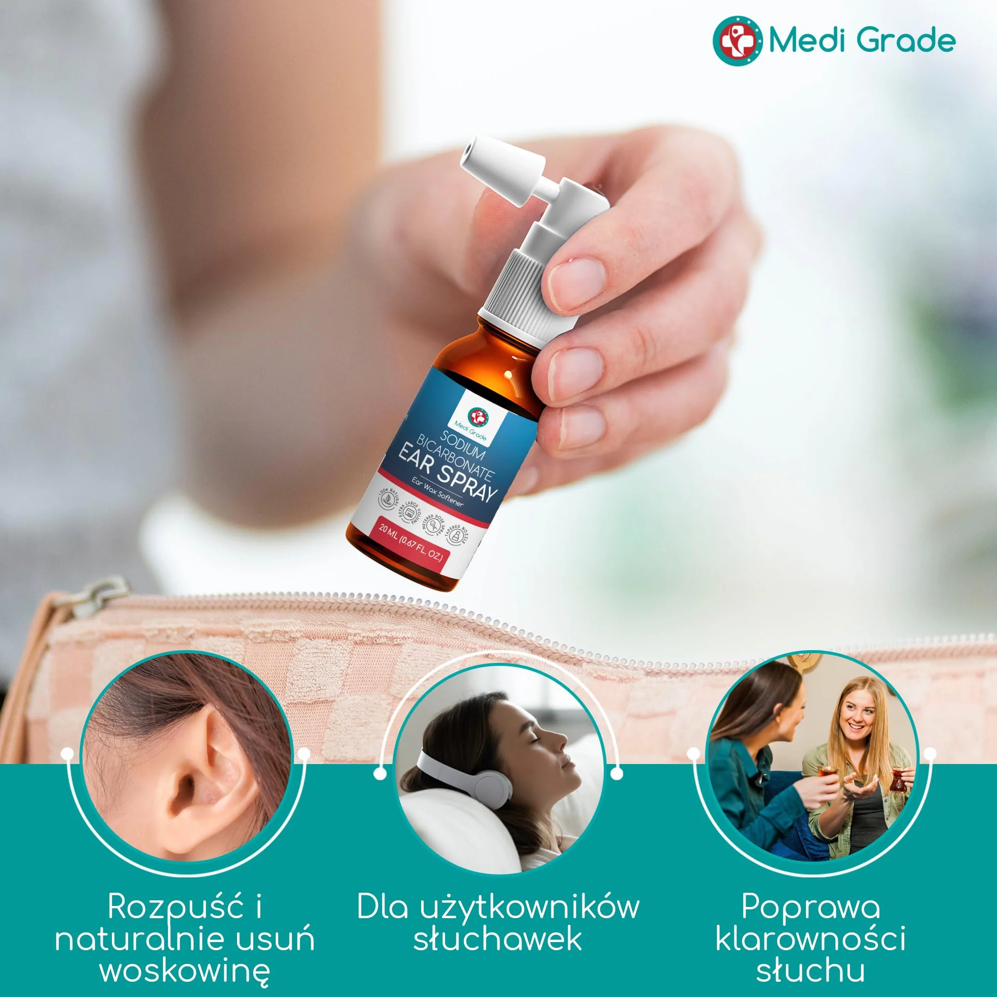 Medi Grade Preparat do Czyszczenia Uszu – Naturalny Płyn do Czyszczenia Uszu z Wodorowęglanem Sodu na Zatkane Uszy i Usuwanie Woskowiny – Butelka 20ml z Ponad 50 Rozpyleniami dla Łatwej Aplikacji