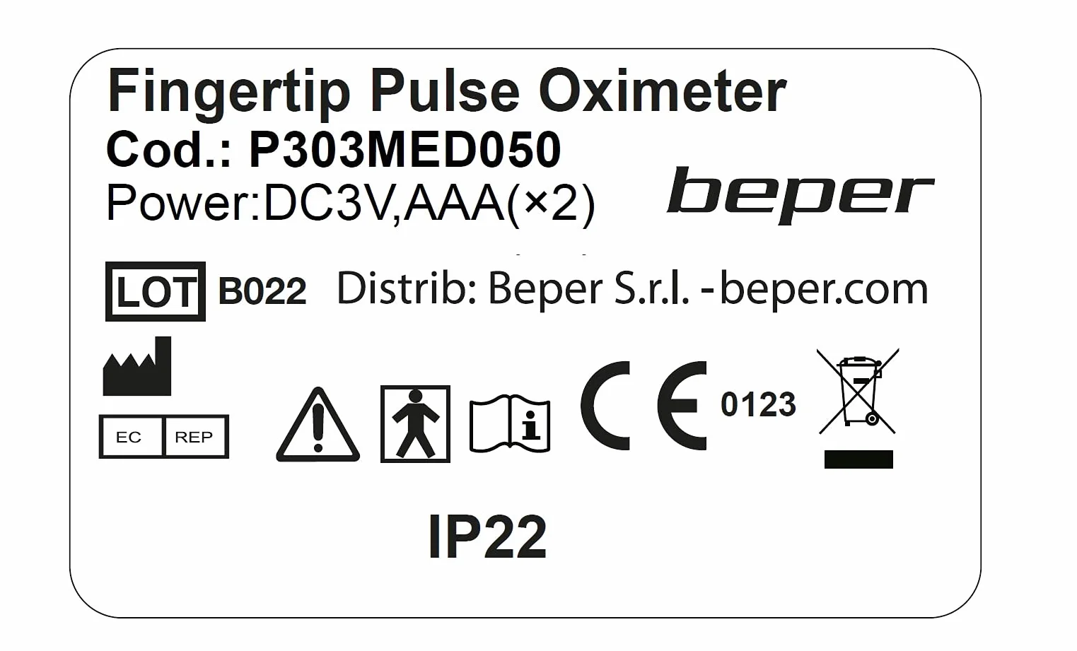BEPER P303MED050 Pulsoksymetr Palcowy, Oksymetr, Pulsoksymetr Nasycenia Tlenem (Spo2), Częstość Tętna (Pr), Wyświetlacz LED, Zasilanie Bateryjne, Smycz w Zestawie