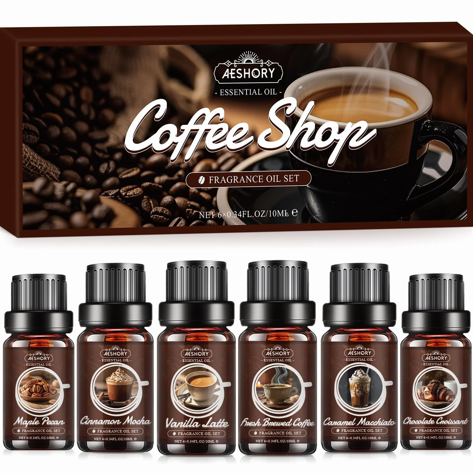 Aeshory Zestaw Olejków Eterycznych Do Kawy, 6 x 10 ml Olejków Do Dyfuzora Zapachowego, Olejki Zapachowe Do Wyrobu Świec – Świeżo Parzona Kawa, Waniliowe Latte, Karmelowe Macchiato, Cynamonowe Moch