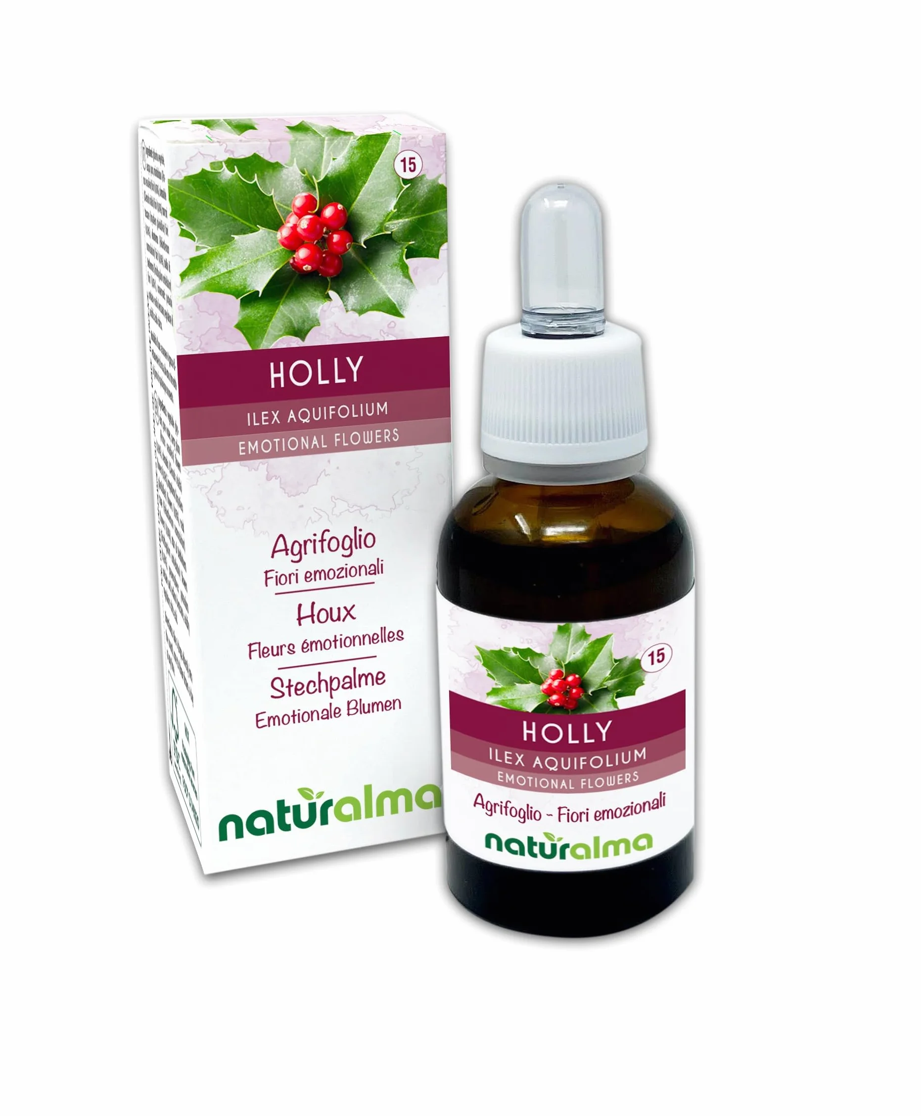 Holly lub Ostrokrzew kolczasty (Ilex aquifolium) Kwiaty emocji lub Kwiaty Bacha Naturalma - Krople 30 ml - Płynny ekstrakt bezalkoholowy - Esencje kwiatowe - Wegański