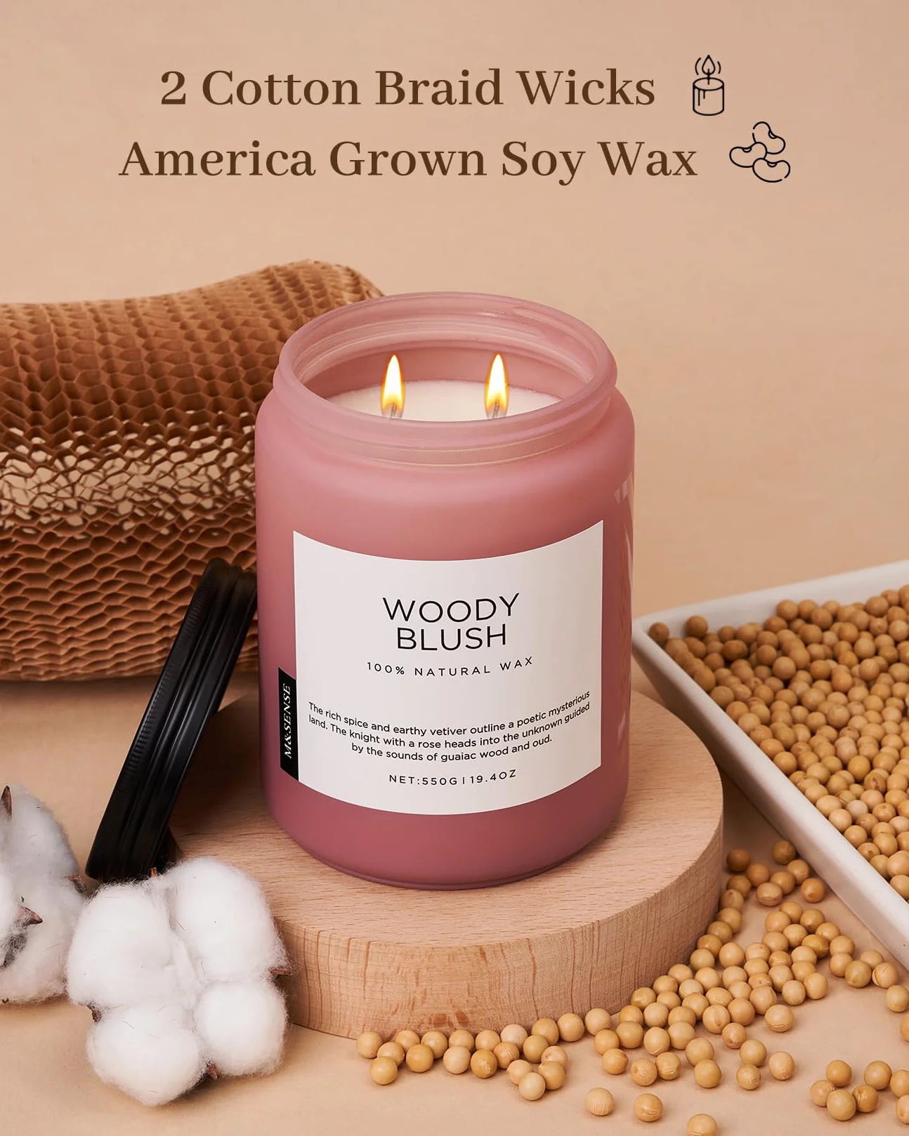 M&SENSE Róża & Wetiver - Świeca Sojowa w Szkle (550g, 110h) | 2 Knoty, Intensywny Zapach | Relaksująca Aromaterapia | Jesienna Dekoracja i Pomysł na Prezent