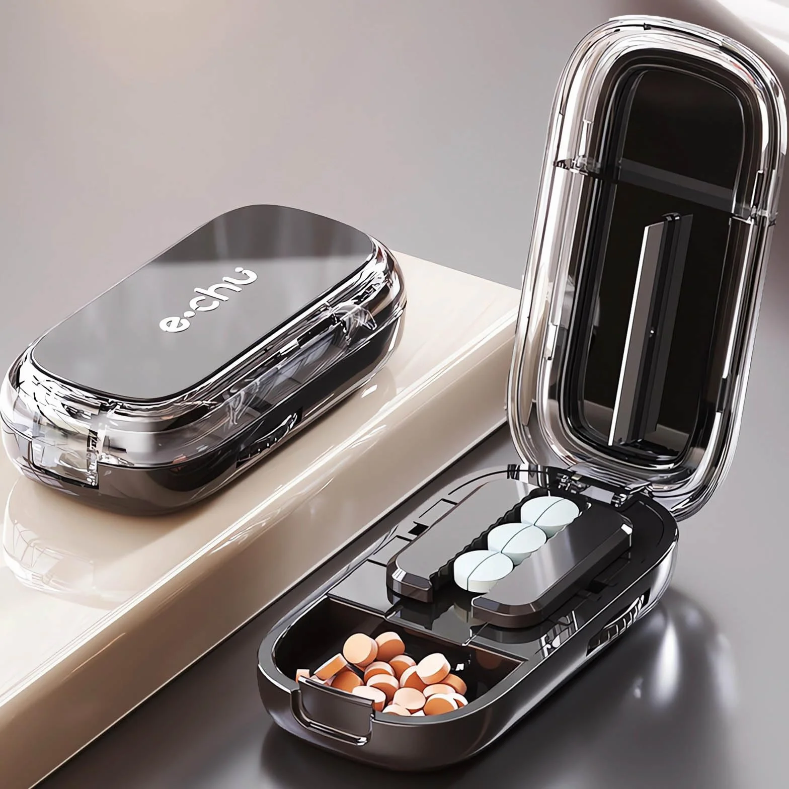 Pill Splitter Tablet Cutter 2 in 1 for Small Large Pills with Storage, Black