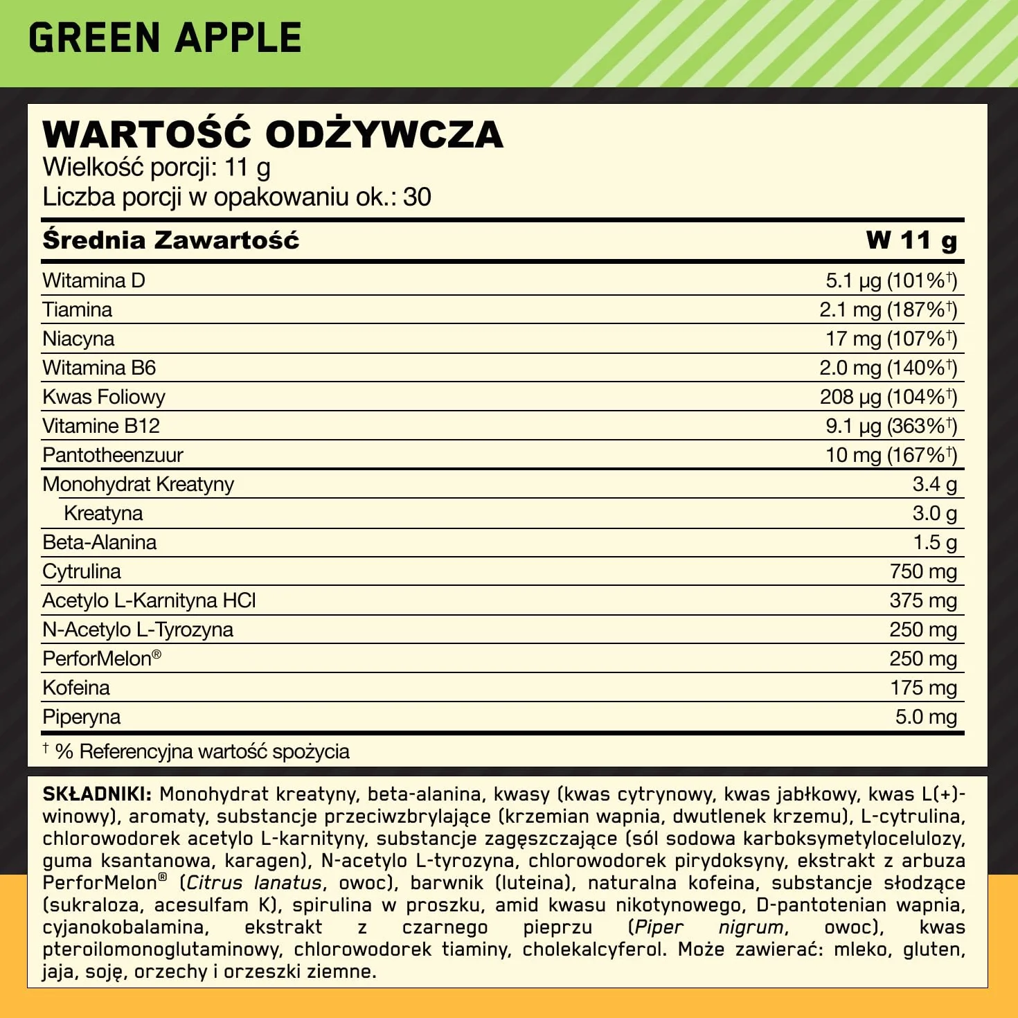 Optimum Nutrition Gold Standard odżywka przedtreningowa Green Apple 30 porcji 330 g