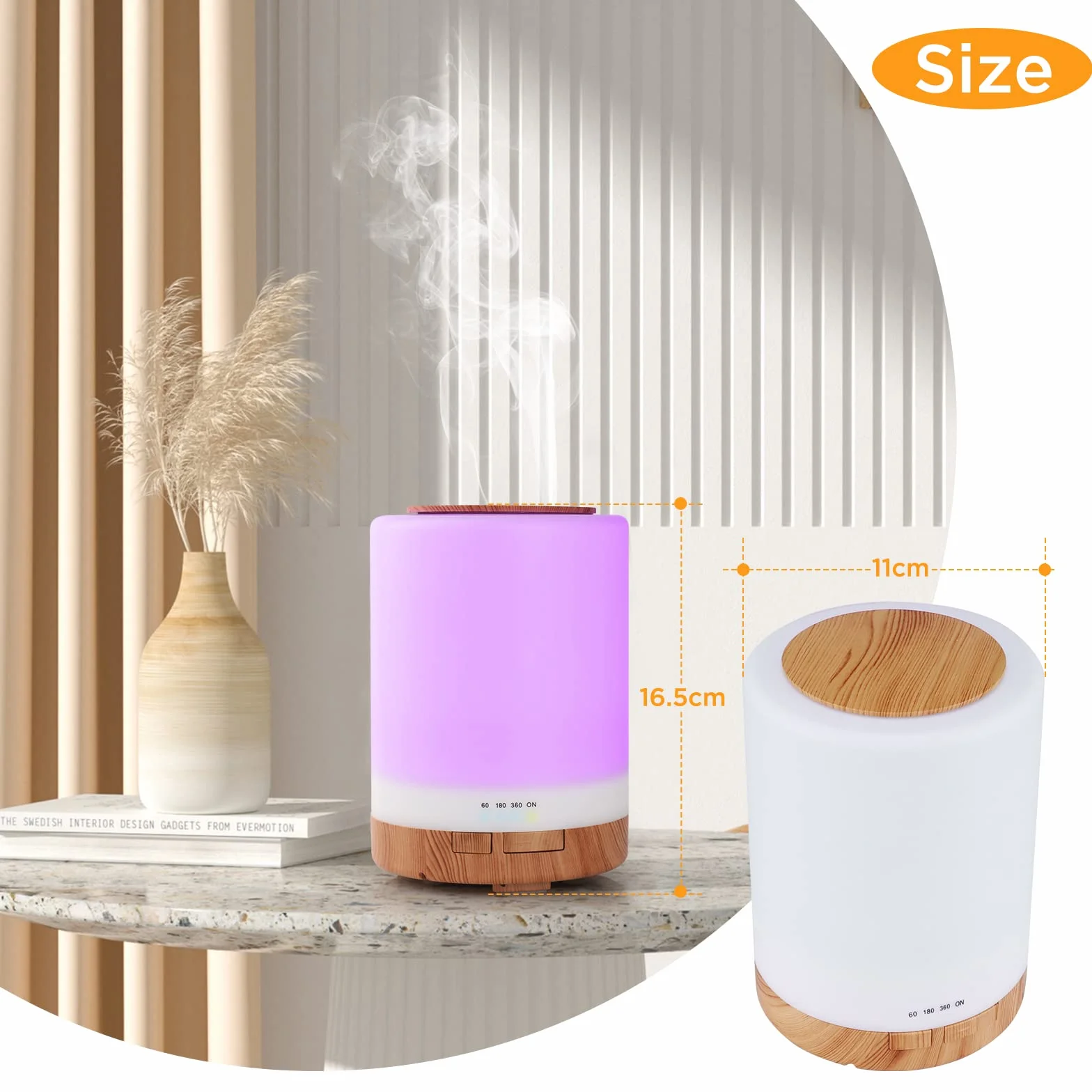 WD&CD Ultradźwiękowy dyfuzor zapachowy, 300 ml, nawilżacz powietrza, aromaterapia, dyfuzor olejków zapachowych z 7 kolorami LED, do domu, biura lub jogi – lekki rysunek słojów drewna