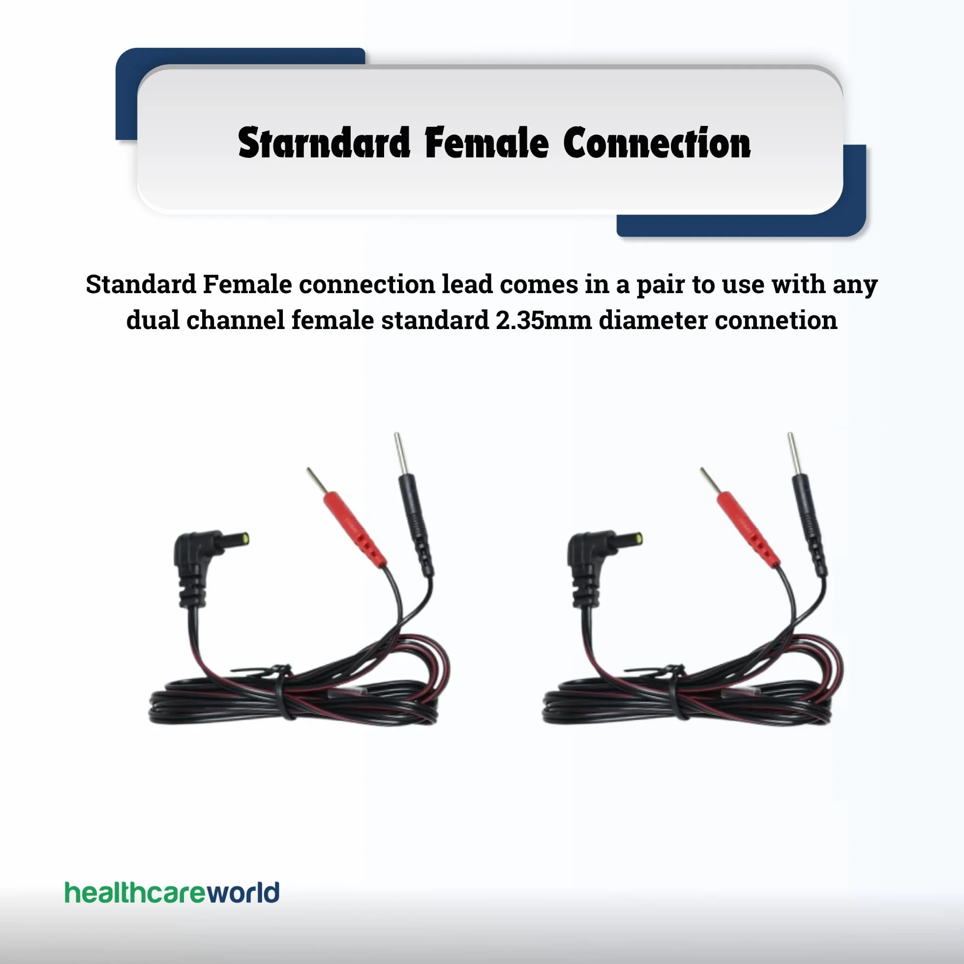Healthcare World Przewody TENS 2,35 mm 2 szt. Kable żeńskie z pinem 2 mm do elektrod TENS stymulacji mięśni długość 150 cm