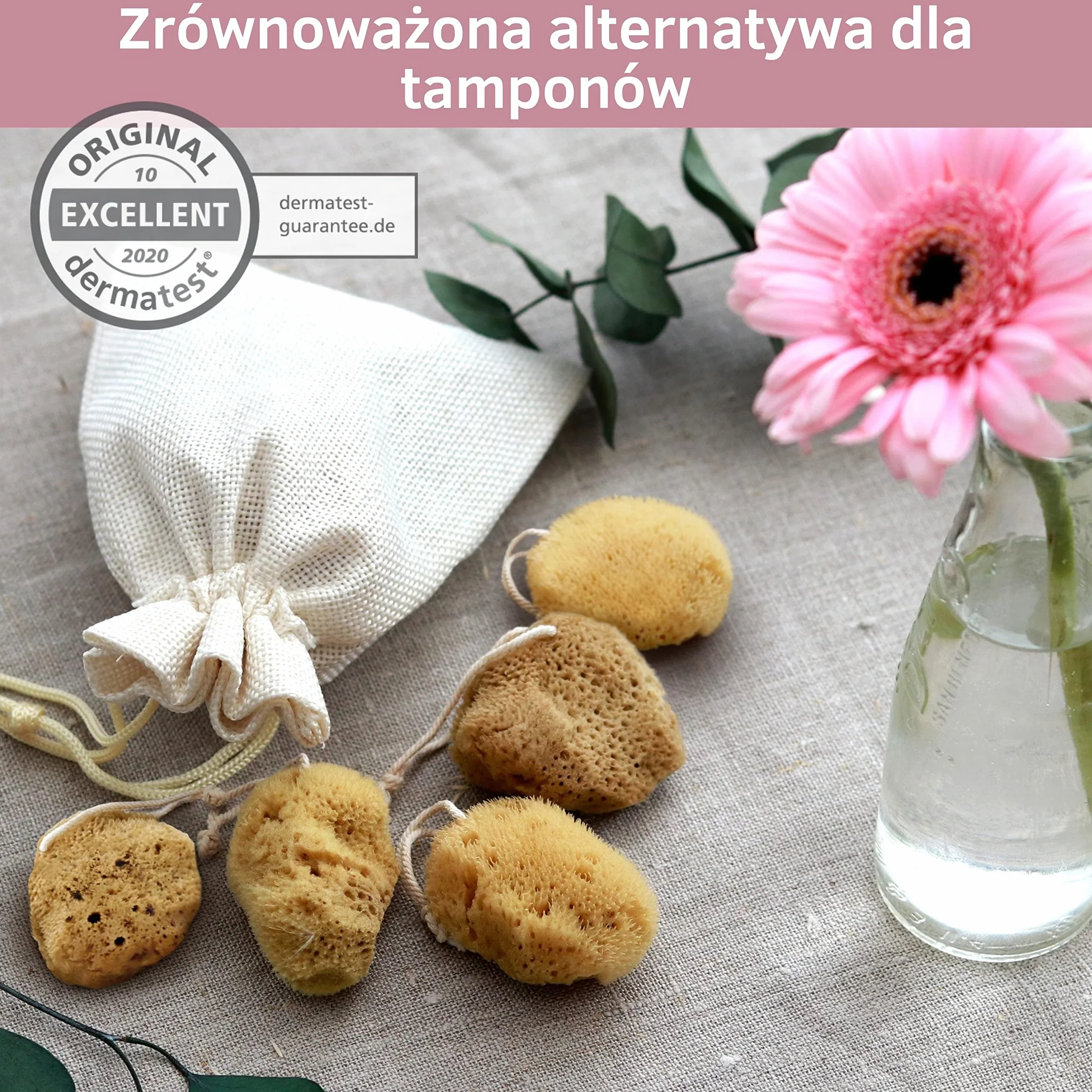 Naturalna gąbka menstruacyjna z nitką alternatywa dla tamponów zmywalna Dermatest doskonały pojemnik podróżny jakość premium Grecja Roz. S 5 x 3-5 cm