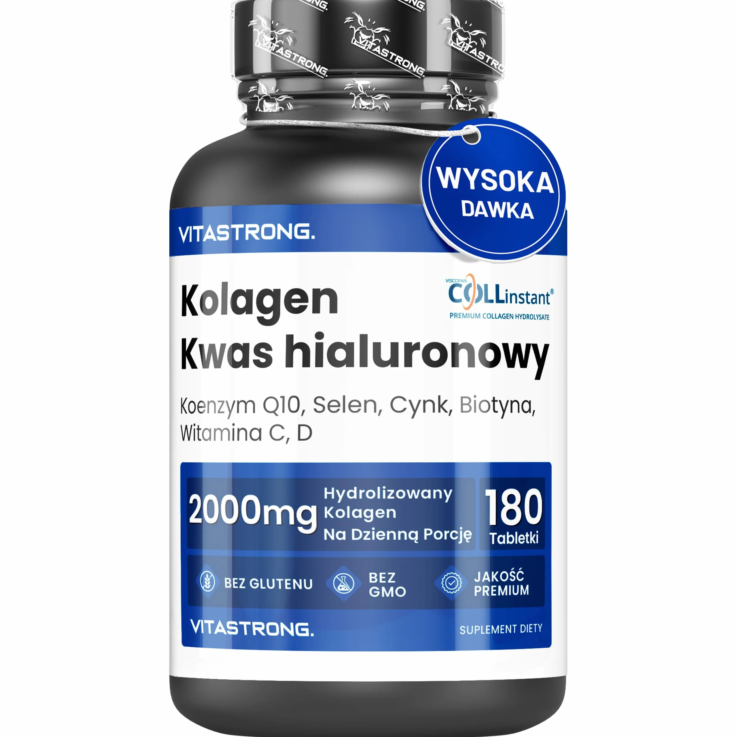 Vitastrong Hydrolizowany Kolagen 2000MG COLLinstant® Kwas Hialuronowy Biotyna Koenzym Q10 Cynk Selen Witamina C Witamina D
