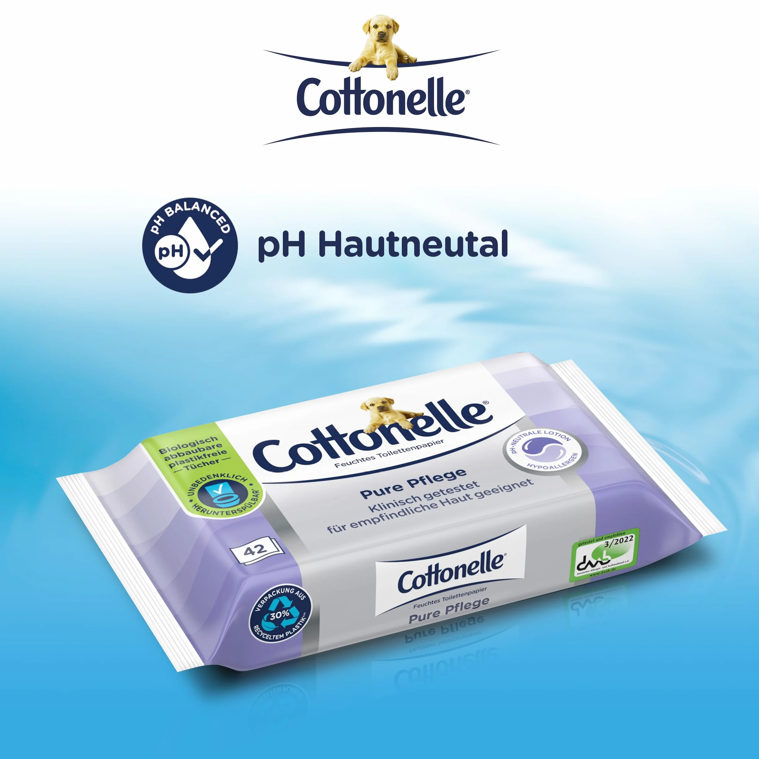 Cottonelle Mokry papier toaletowy Pure Pielęgnacja, ultra czuły, 99% wody, 12 x 42 chusteczki, bezzapachowy i hipoalergiczny