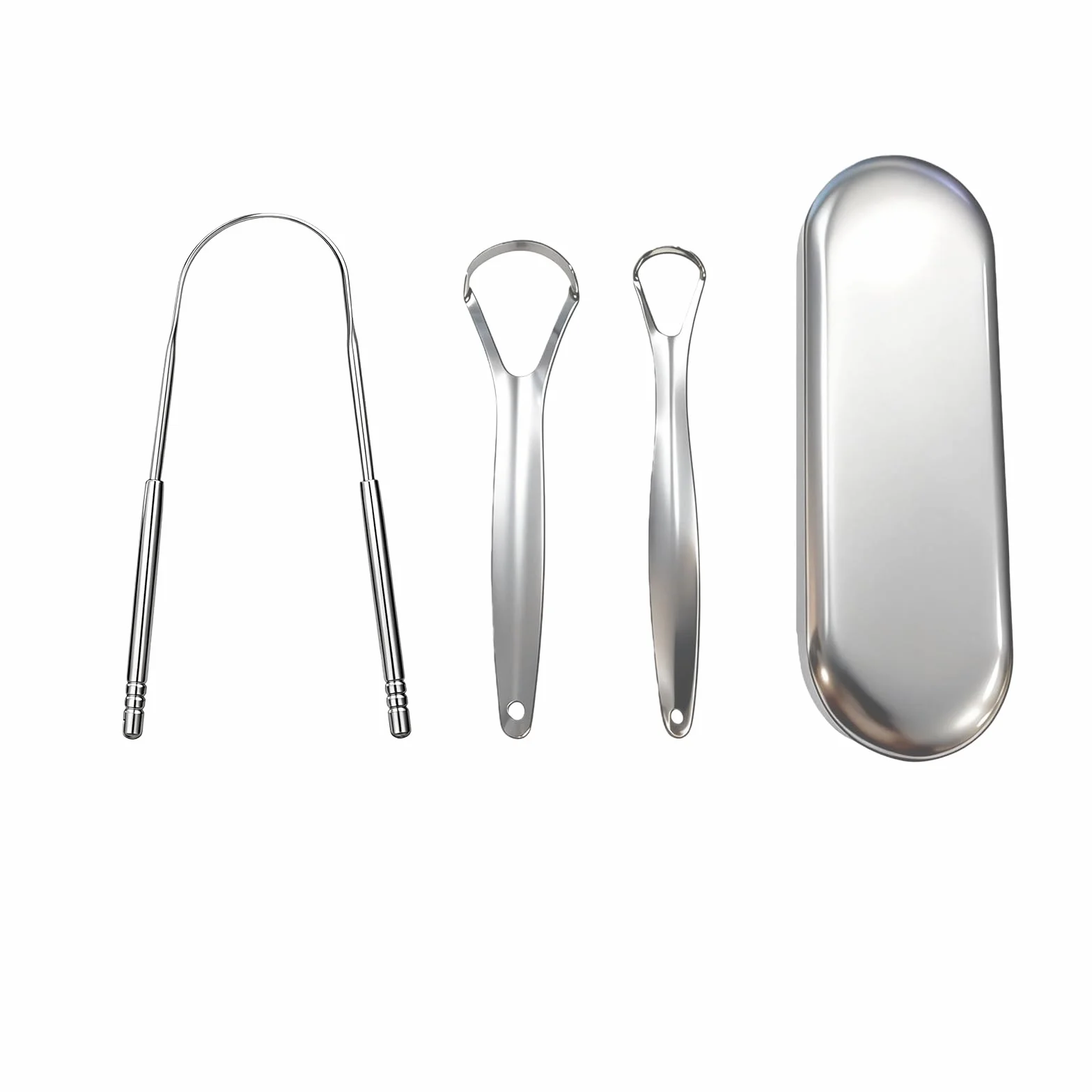 3 Sztuk Skrobak do Języka Ze Stali Nierdzewnej - U‑Kształtny Czyścik do Języka + Mały Skrobaczka do Języka + Duży Tongue Scraper z Dużym Metalowym Etui, Usuwanie Nalotu, Redukcja Nieświeżego Oddechu