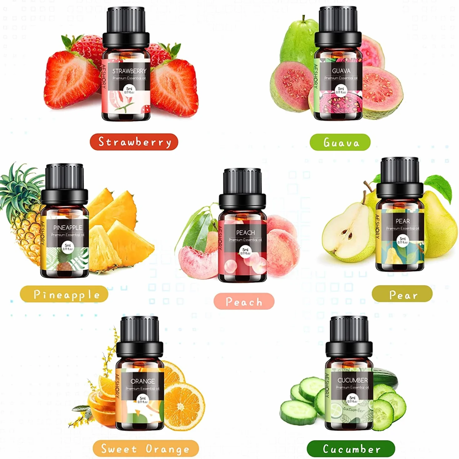 Aeshory Zestaw Olejków Eterycznych O Smaku Owocowym, 14 x 5ml Olejek Zapachowy Premium Do Aromaterapii, Dyfuzorów, Mydeł I Świec – Truskawka, Jabłko, Ananas, Ogórek, Melon, Wiśnia, Mango, Cytryna