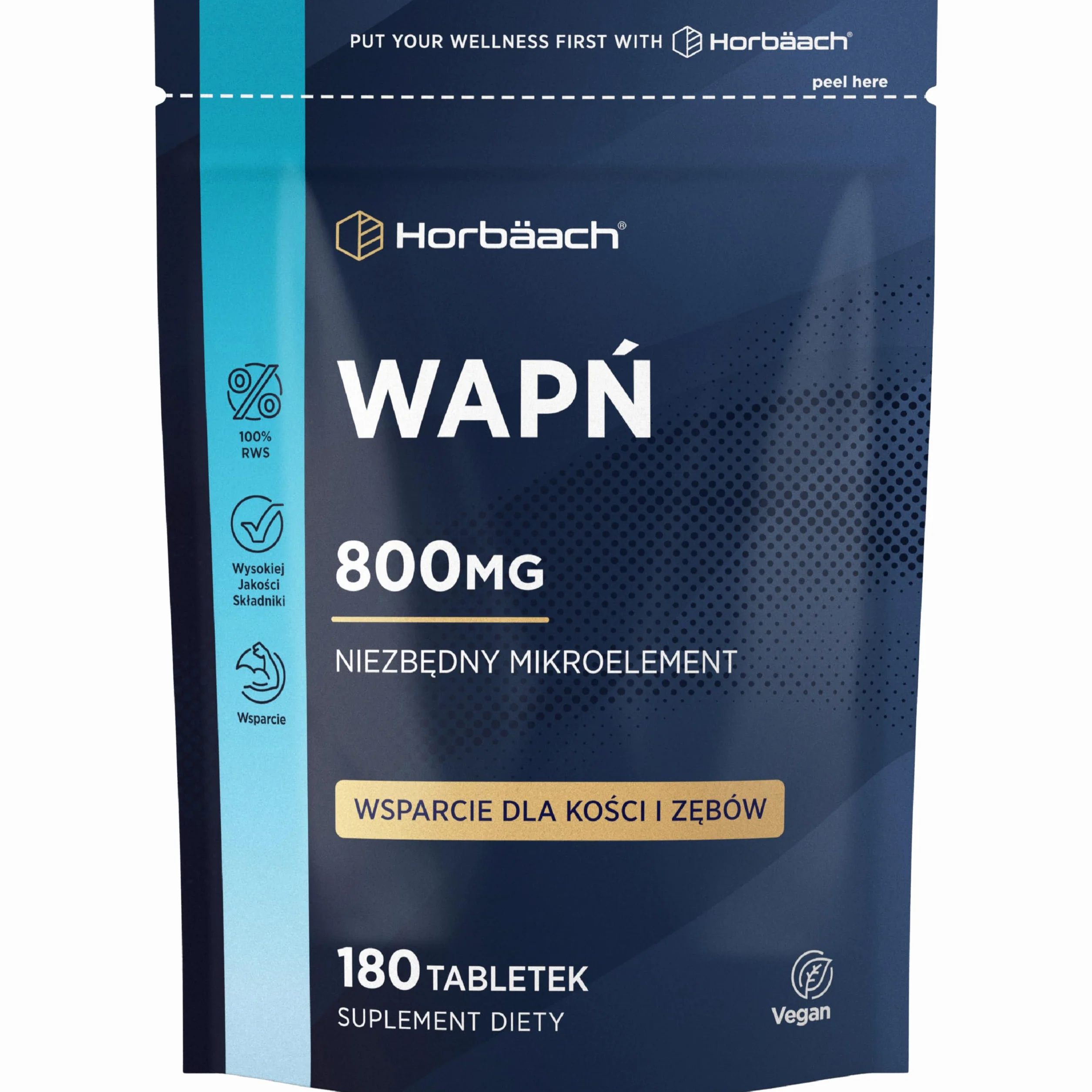 Wapń Tabletki 800mg | Wysoka Dawka Węglanu Wapnia | Suplement Dla Kobiet i Mężczyzn | 180 Wegańskich Tabletek | marki Horbaach