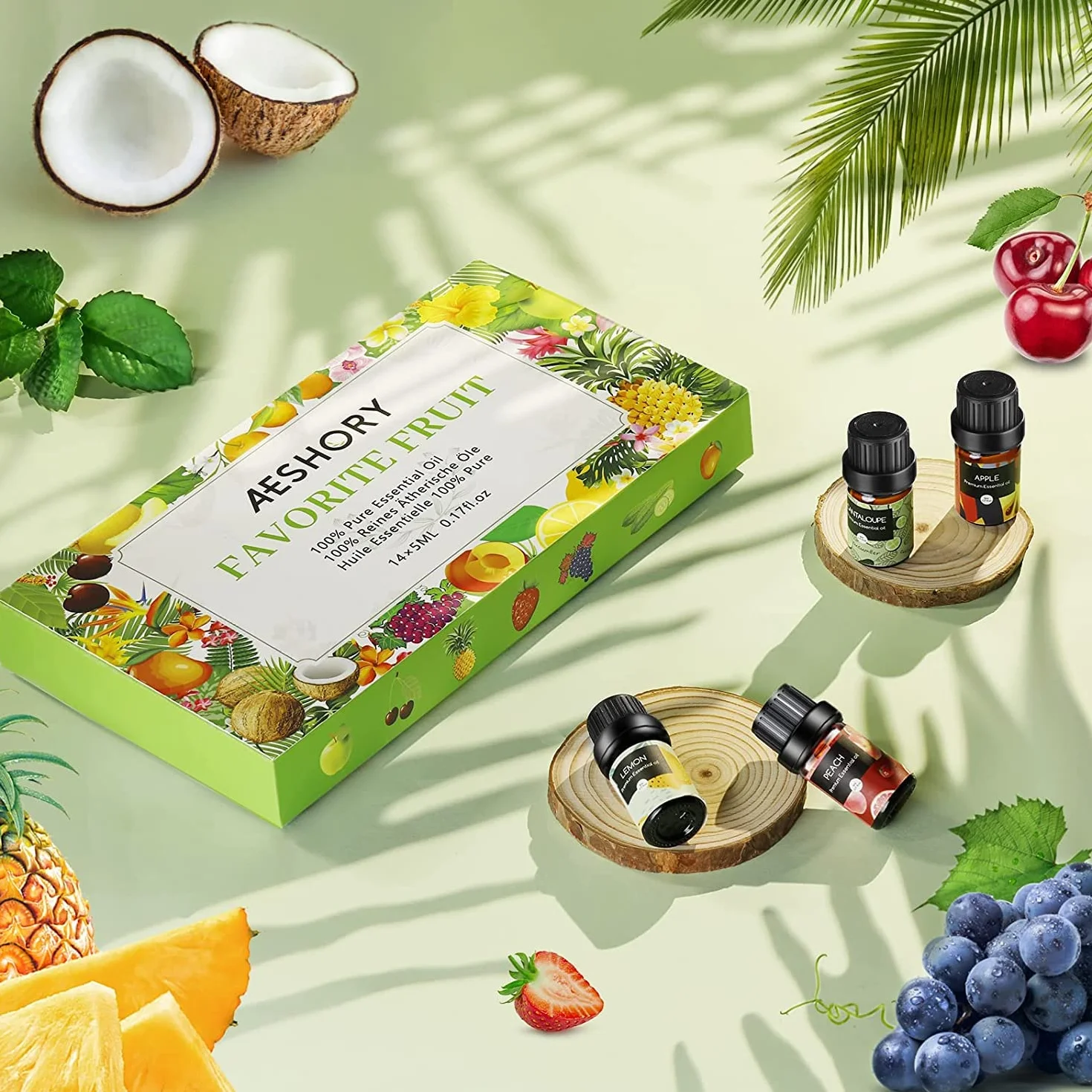 Aeshory Zestaw Olejków Eterycznych O Smaku Owocowym, 14 x 5ml Olejek Zapachowy Premium Do Aromaterapii, Dyfuzorów, Mydeł I Świec – Truskawka, Jabłko, Ananas, Ogórek, Melon, Wiśnia, Mango, Cytryna