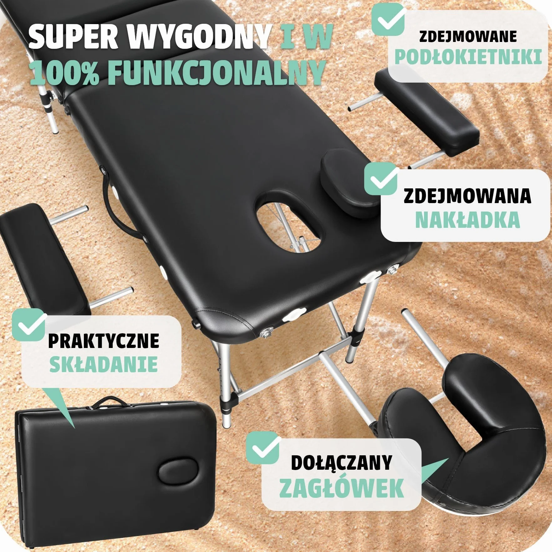 Tectake Przenośny Stół do Masażu Składany Aluminiowa Konstrukcja 230 kg Czarny