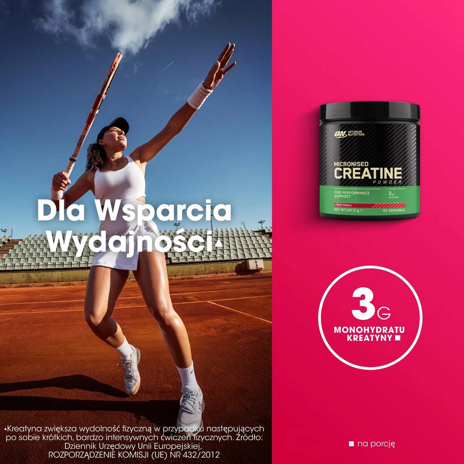 Optimum Nutrition Mikronizowana Kreatyna w Proszku, Poncz Owocowy, 247.5g, 55 Porcji