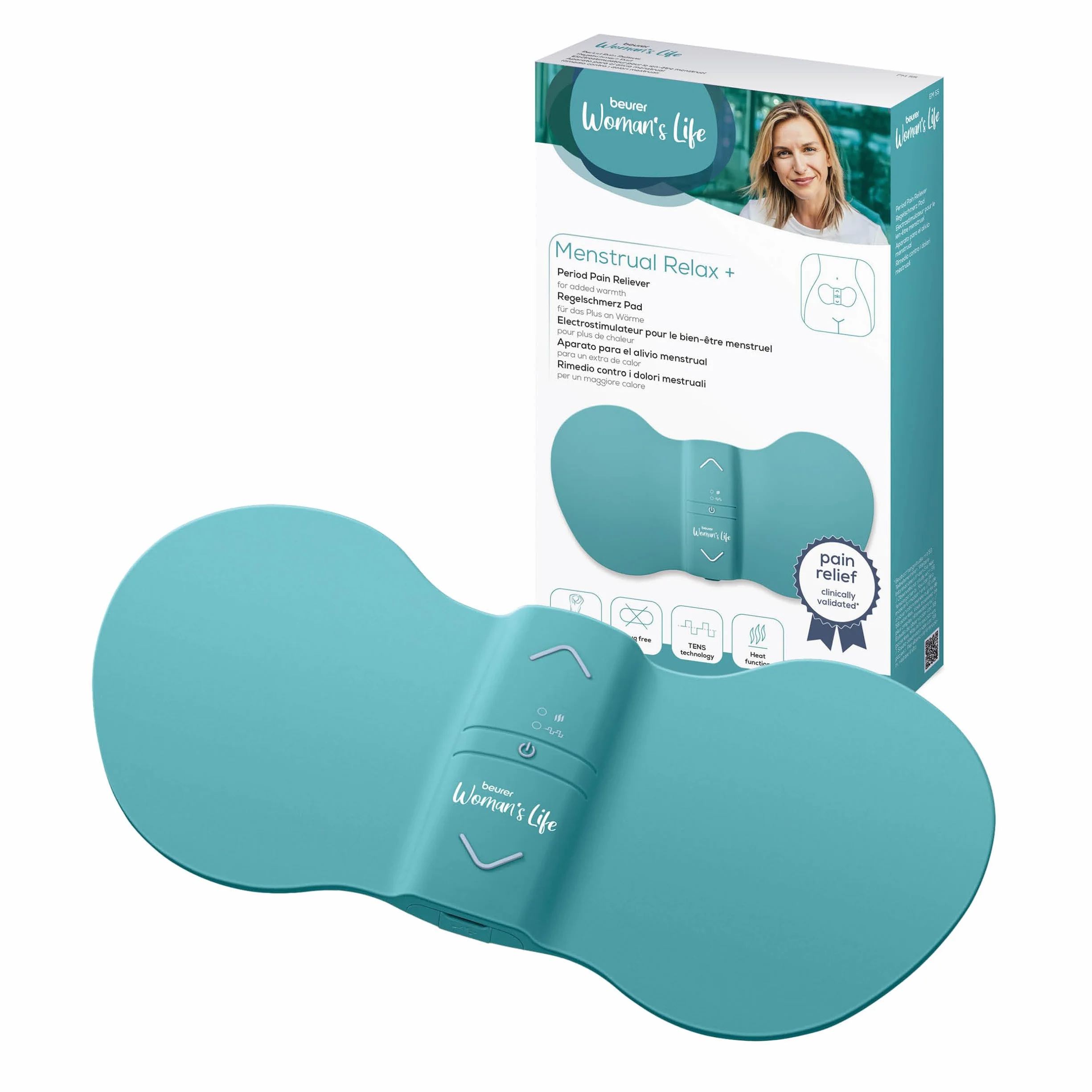 Beurer EM 55 Menstrual Relax+, przeciw bólowi menstruacyjnemu i bólowi spowodowanemu endometriozą, funkcja TENS i ciepła, z akumulatorem, większa powierzchnia grzewcza, turkusowy