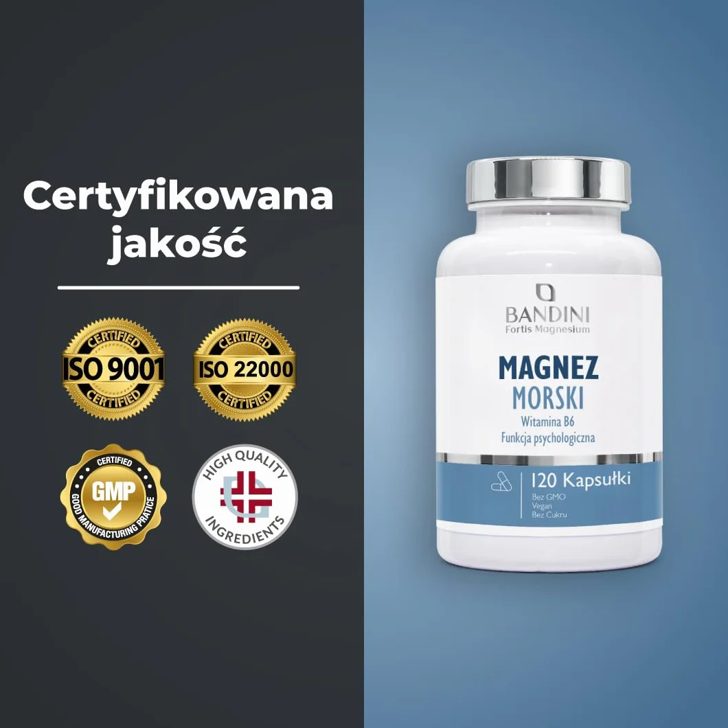Bandini® Marine Magnez i Witamina B6 - Skutecznie zwalcza zmęczenie, stres i ból - 120 kapsułek pochodzenia roślinnego (kuracja 4-miesięczna) - Poprawia sen, układ nerwowy i mięśniowy