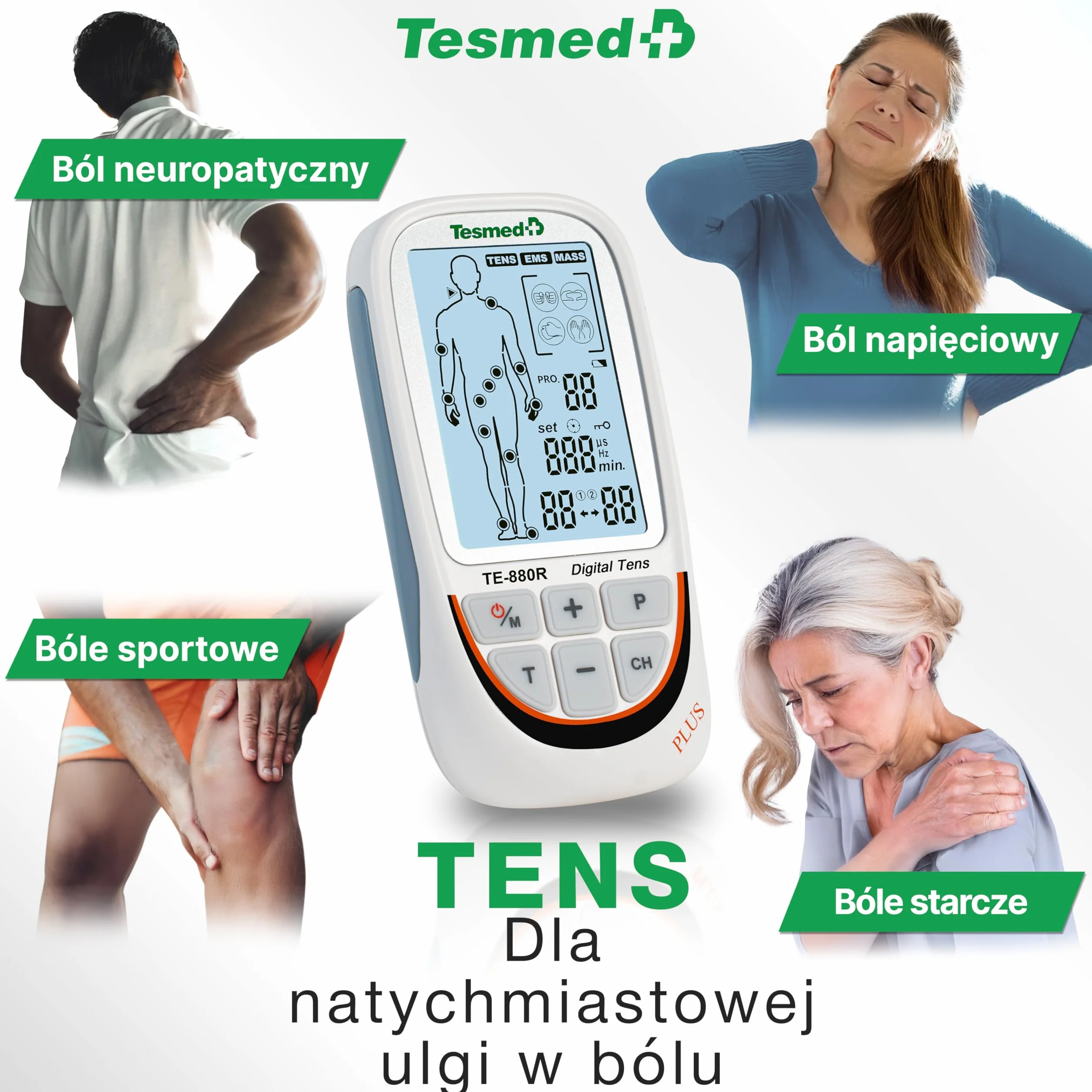 TESMED TE-880R Plus elektrostymulator mięśni do wielokrotnego ładowania, EMS, TENS, masaż: 73 programów Cui 2 konfigurowalne - działa z 8 elektrodami