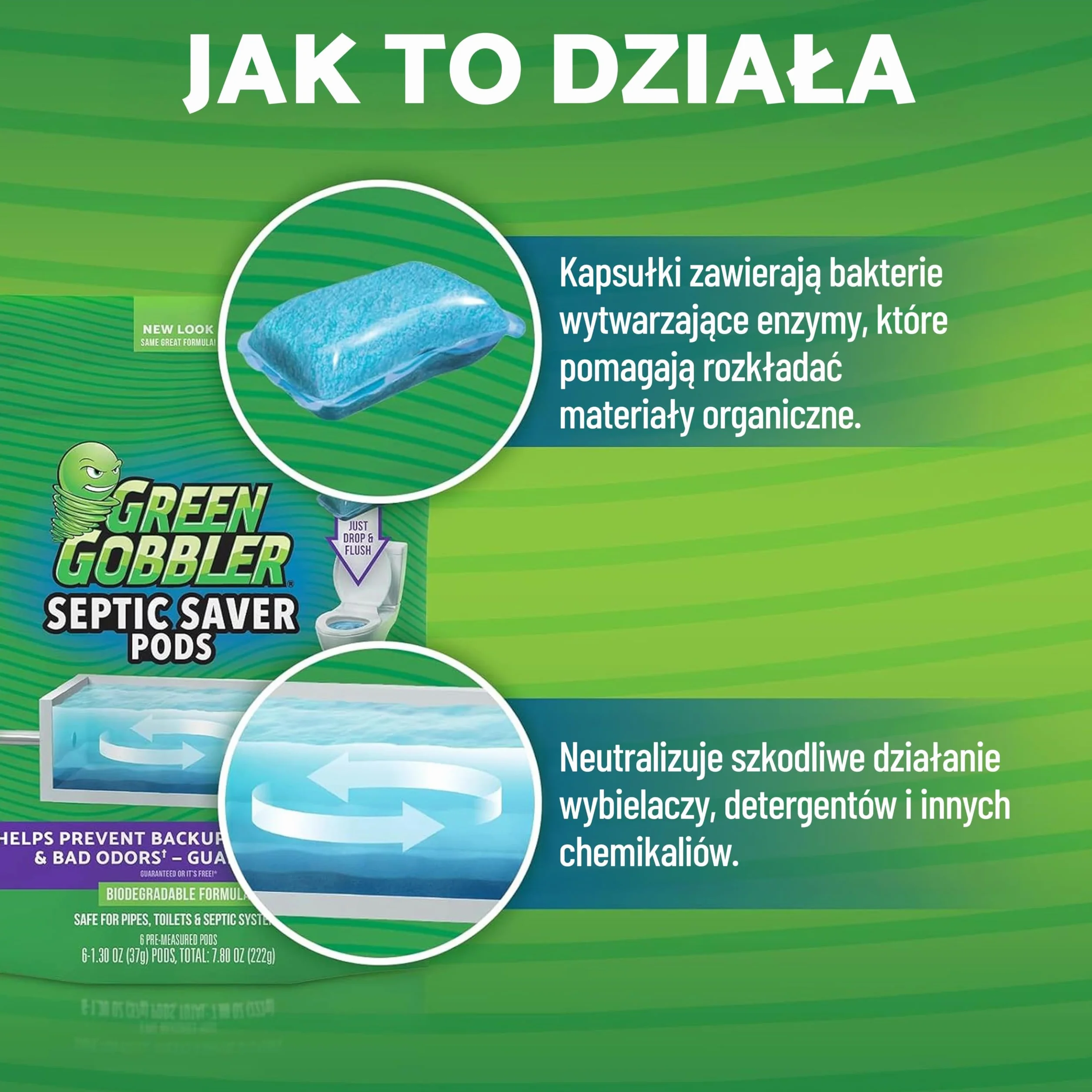 Green Gobbler Septic Saver Pods 6 kapsułek 222g środek do oczyszczania szamba enzymy bakteryjne