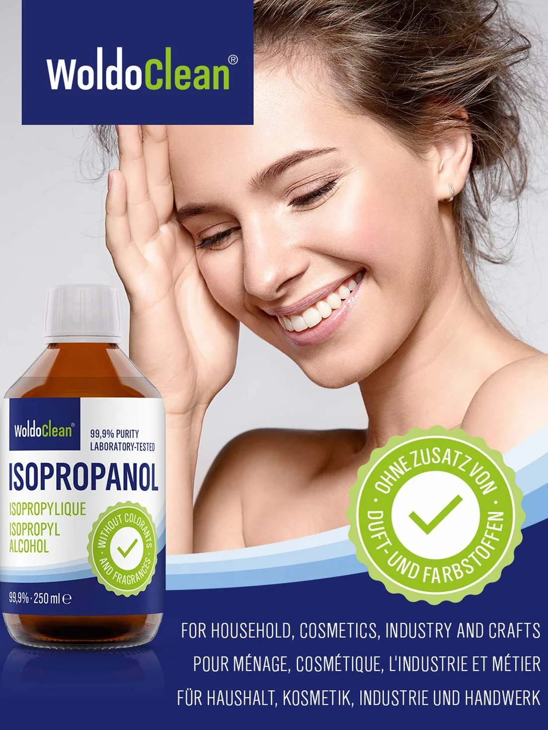 WoldoClean Isopropanol 99,9% alkohol czyszczący 250 ml butelka szklana – IPA wysokiej czystości, bezbarwny i niepozostawiający pozostałości do elektroniki, drukarek 3D, gospodarstwa domowego i prac rę