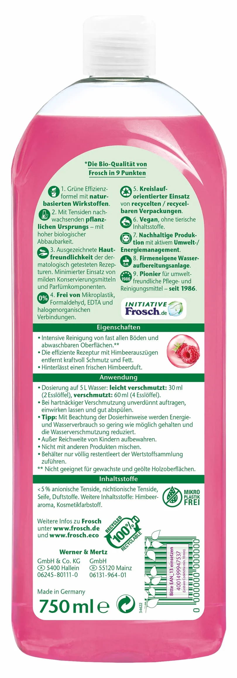 Frosch Malinowy uniwersalny środek czyszczący, mocny uniwersalny środek czyszczący, wydajna moc czyszczenia w całym domu, 1 opakowanie (1 x 750 ml)