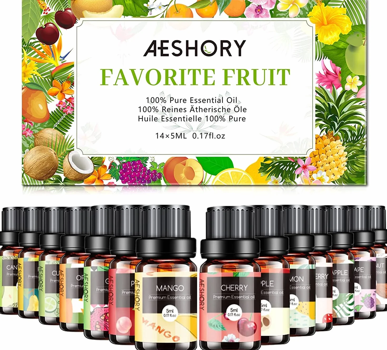 Aeshory Zestaw Olejków Eterycznych O Smaku Owocowym, 14 x 5ml Olejek Zapachowy Premium Do Aromaterapii, Dyfuzorów, Mydeł I Świec – Truskawka, Jabłko, Ananas, Ogórek, Melon, Wiśnia, Mango, Cytryna
