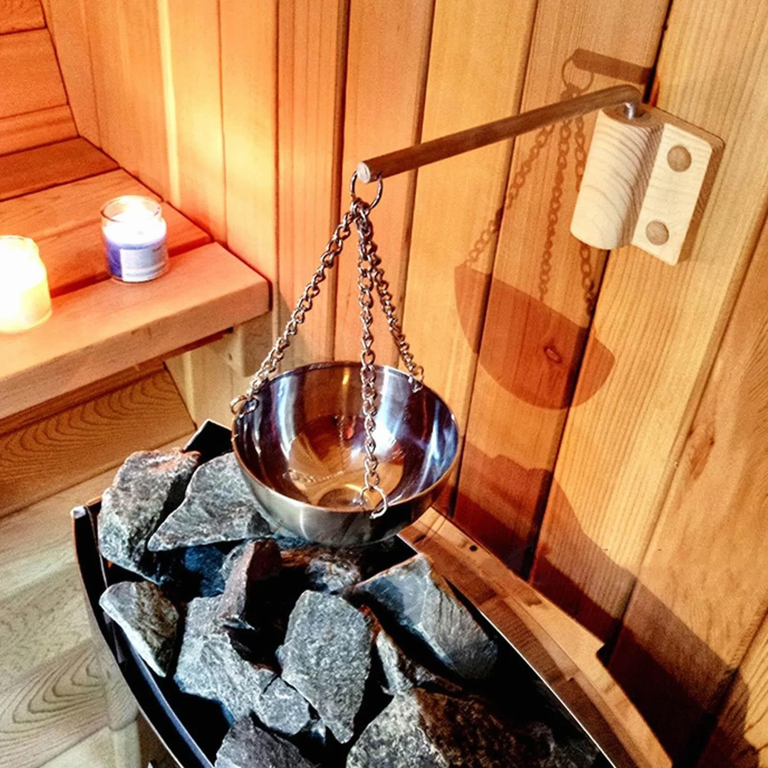 Kubek na olej do sauny – wiszący metalowy uchwyt na olej do sauny z łańcuszkiem – dyfuzor zapachowy do sauny na olej do spa