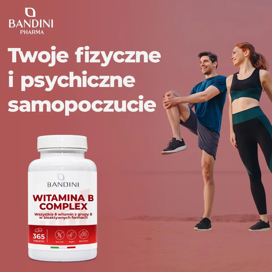 Bandini® Kompleks witamin B w dużych dawkach - 365 tabletek wegańskich (na 1 rok) - Kompleks witamin grupy B z kwasem foliowym, biotyną, B1, B2, B3, B5, B6, B12 - Kompleks witamin B bez GMO