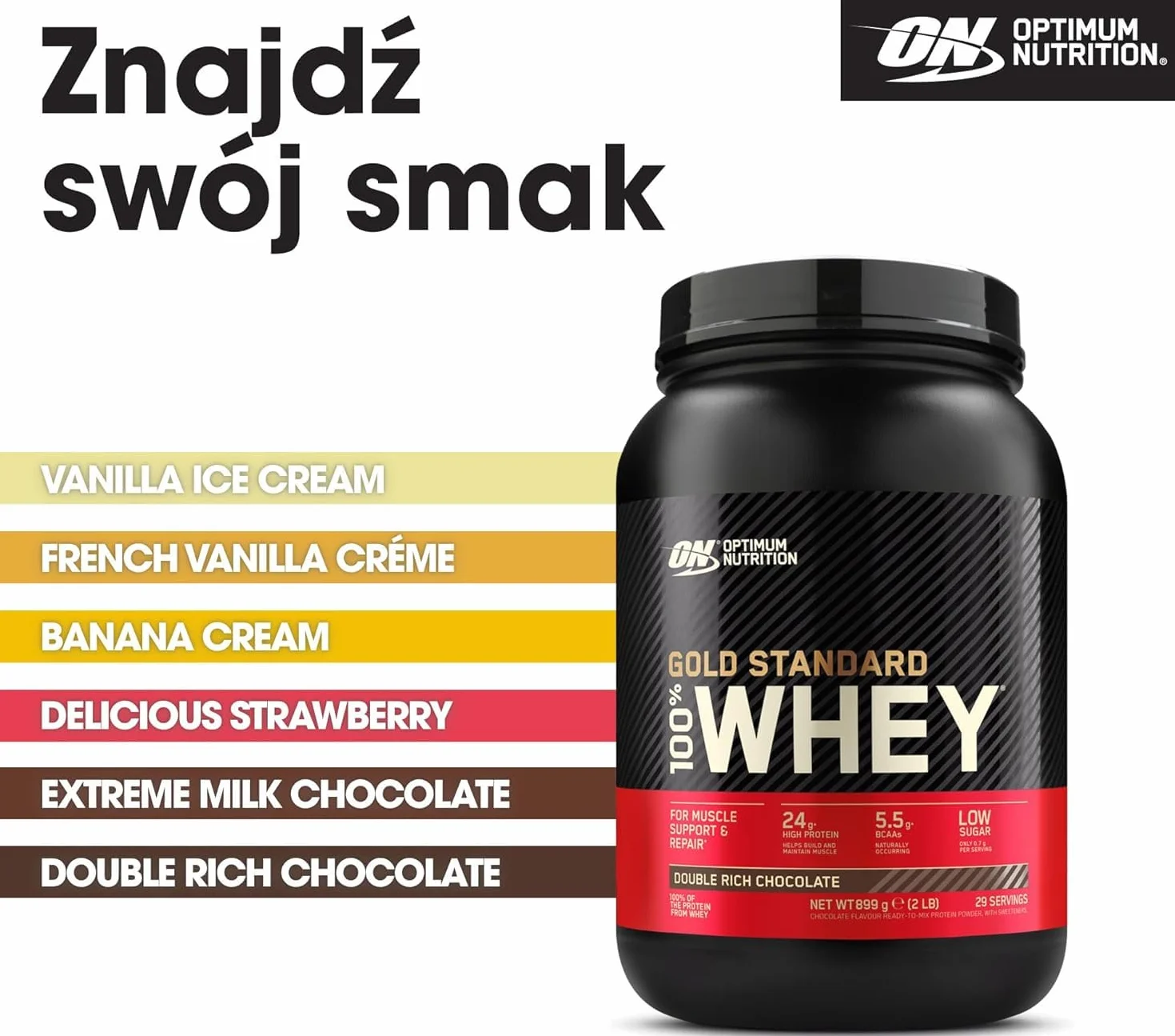 Optimum Nutrition Gold Standard 100% Whey Białko Serwatkowe Podwójna Czekolada 899g 29 Porcji