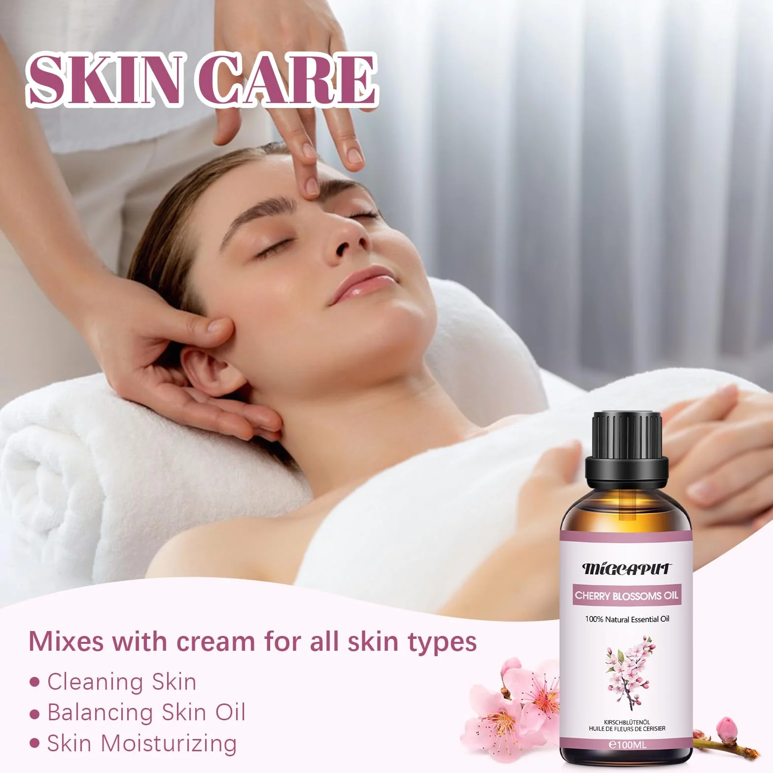 MIGCAPUT Olejek Eteryczny z Kwiatu Wiśni 100ML, Olejki do Aromaterapii Premium, 100% Naturalny Olejki Aromaterapeutyczny do Dyfuzora, SPA, Masażu, Snu, Mydła, Ręcznie Robione Świece