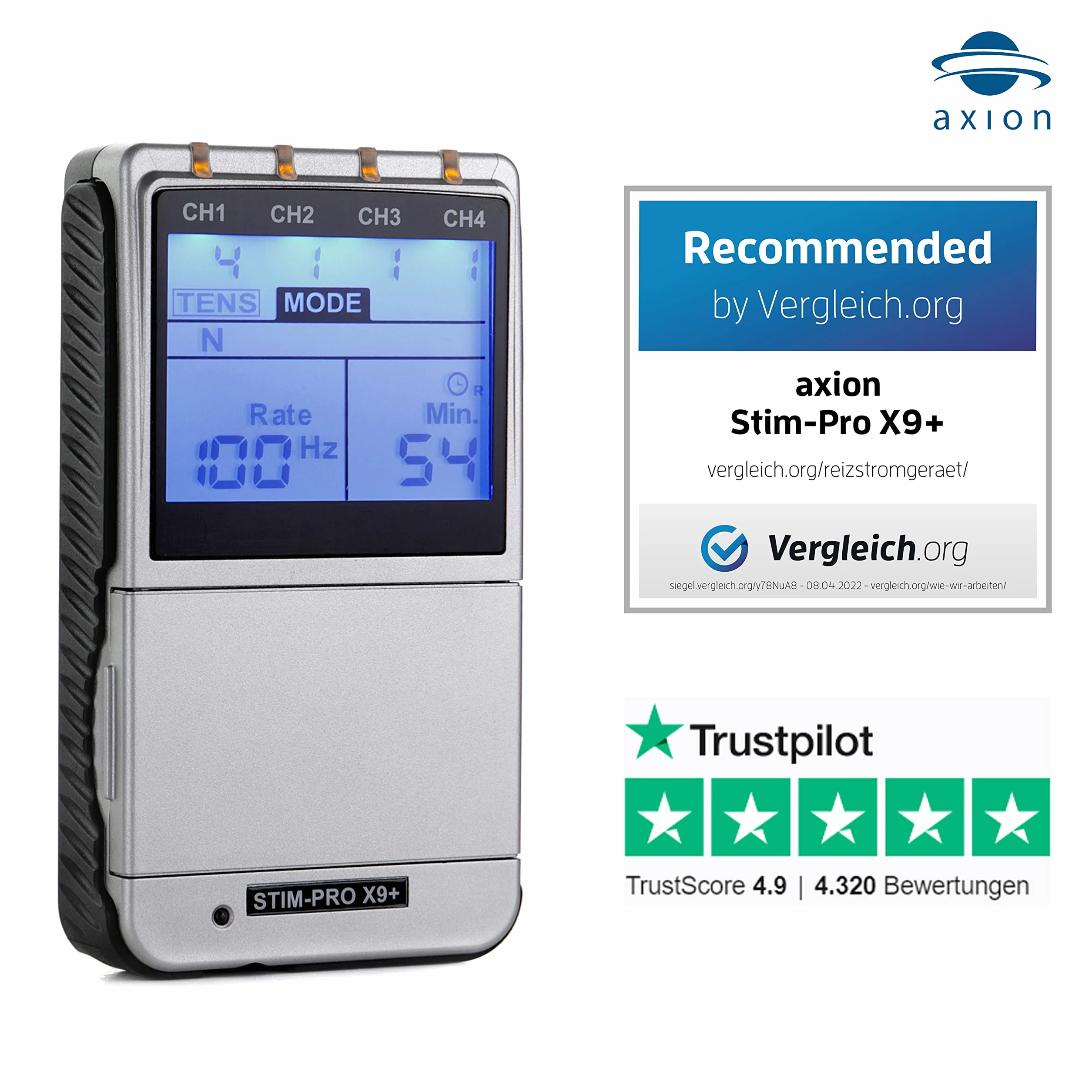 TENS-EMS STIM-PRO X9+ 4 kanałowe urządzenie combi w zestawie z 8 szt. 5x5 cm, specjalnymi elektrodami & sprayem kontaktowym | terapia bólu, wzmacnianie mięśni i masaż | certyfikowany. Wyrób medyczny