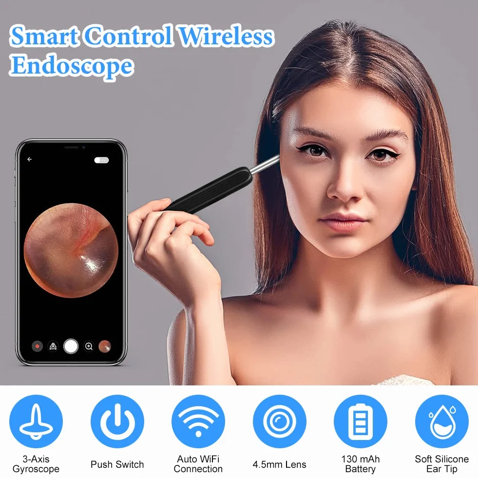 ACWOO Otoskop endoskop, Otoskop cyfrowy, endoskop do uszu, aparat uszy 1296P WIFI oczyszczacz uszu z 6 diodami LED, 4,5 mm HD endoskop ucha, zestaw do czyszczenia uszu dla iOS i Androida (czarny)