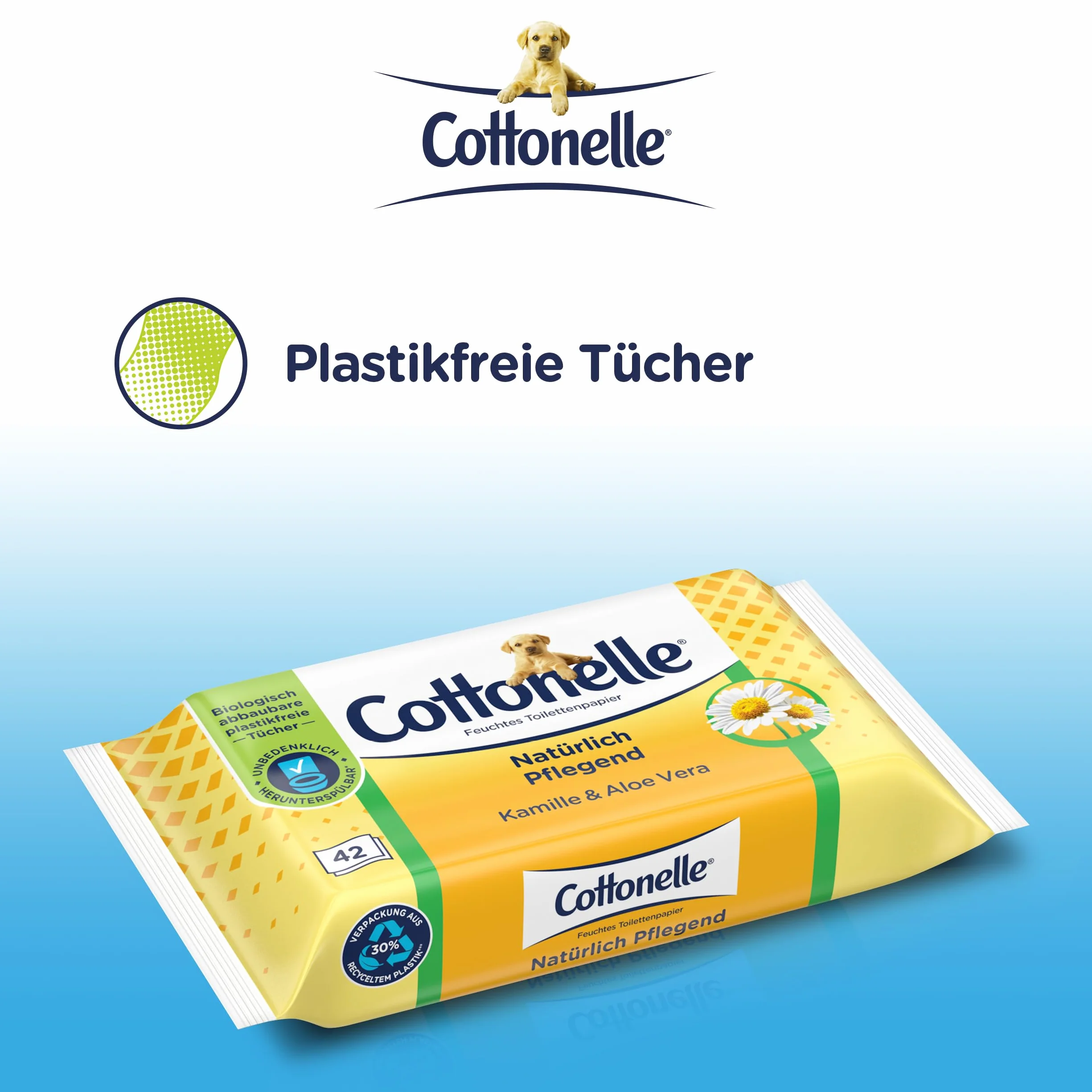 Cottonelle Wilgotny papier toaletowy, naturalnie pielęgnujący – rumianek i aloes, biodegradowalny, nie zawiera plastiku, możliwość ponownego zamknięcia, opakowanie ekonomiczne, 12 x 42 chusteczki