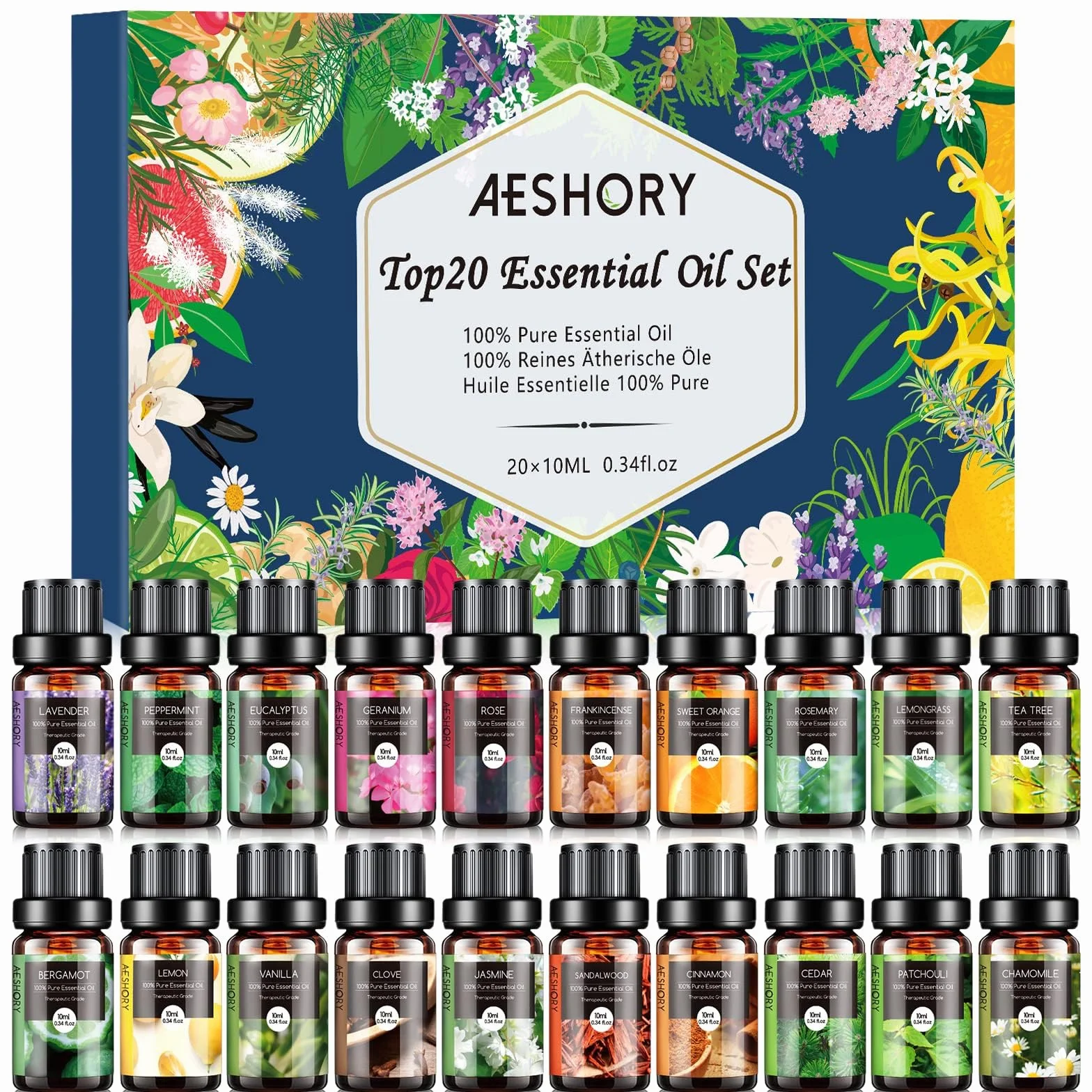 Aeshory Olejki Eteryczne Do Dyfuzorów 20 x 10 ml, 100% Naturalny Zestaw Olejków Zapachowych Do Aromaterapii Zestaw Upominkowy Z Olejkami Aromatycznymi Do Mydeł, Świec, Nawilżaczy, Spa, Masażu