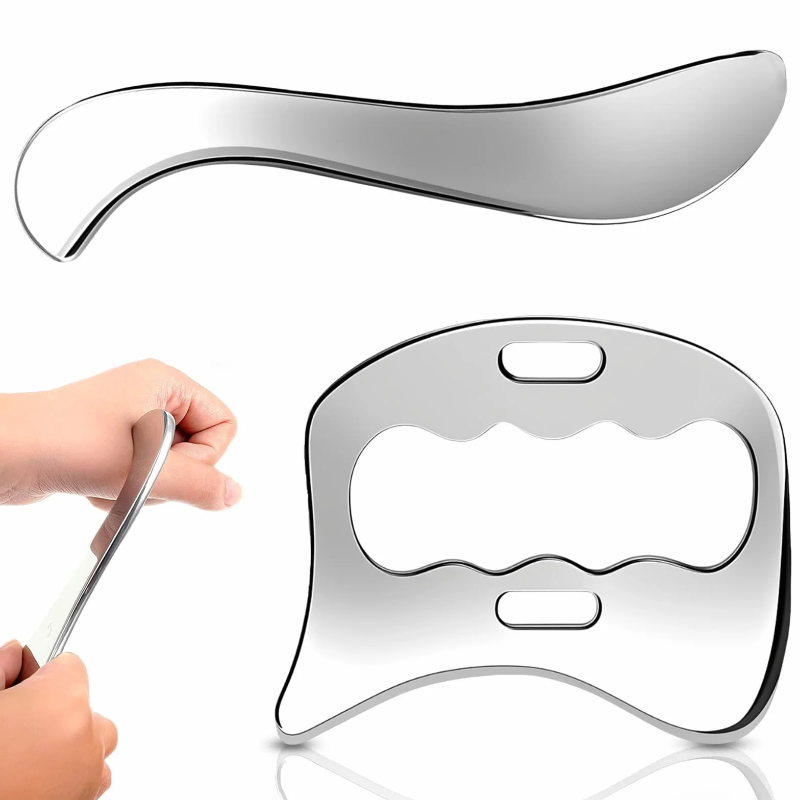 Gua Sha Stal Nierdzewna 2 w 1 - Narzędzie do Masowania Gua Sha, Zestaw do Rollowania Mięśni i Fascii, Terapia Fizyczna na Plecy, Nogi, Twarz, Relaksacja Mięśni i Uśmierzanie Bólu