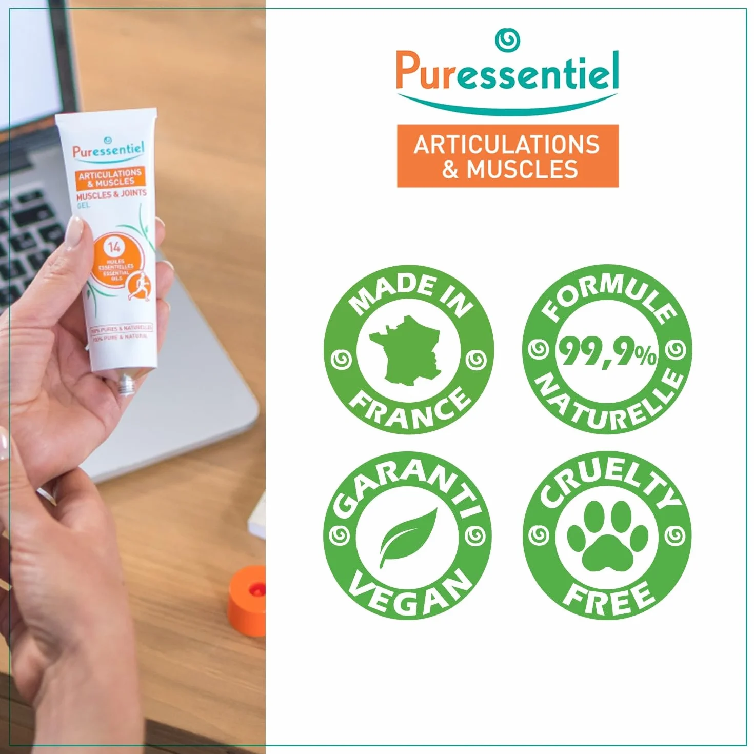 Puressentiel Żel do mięśni stawów i mięśni z 14 olejkami eterycznymi – żel do mięśni pleców, karku, kolan i ramion – żel do masażu napięcia mięśni i zakwasów – szybka ulga podczas uprawiania sportu i